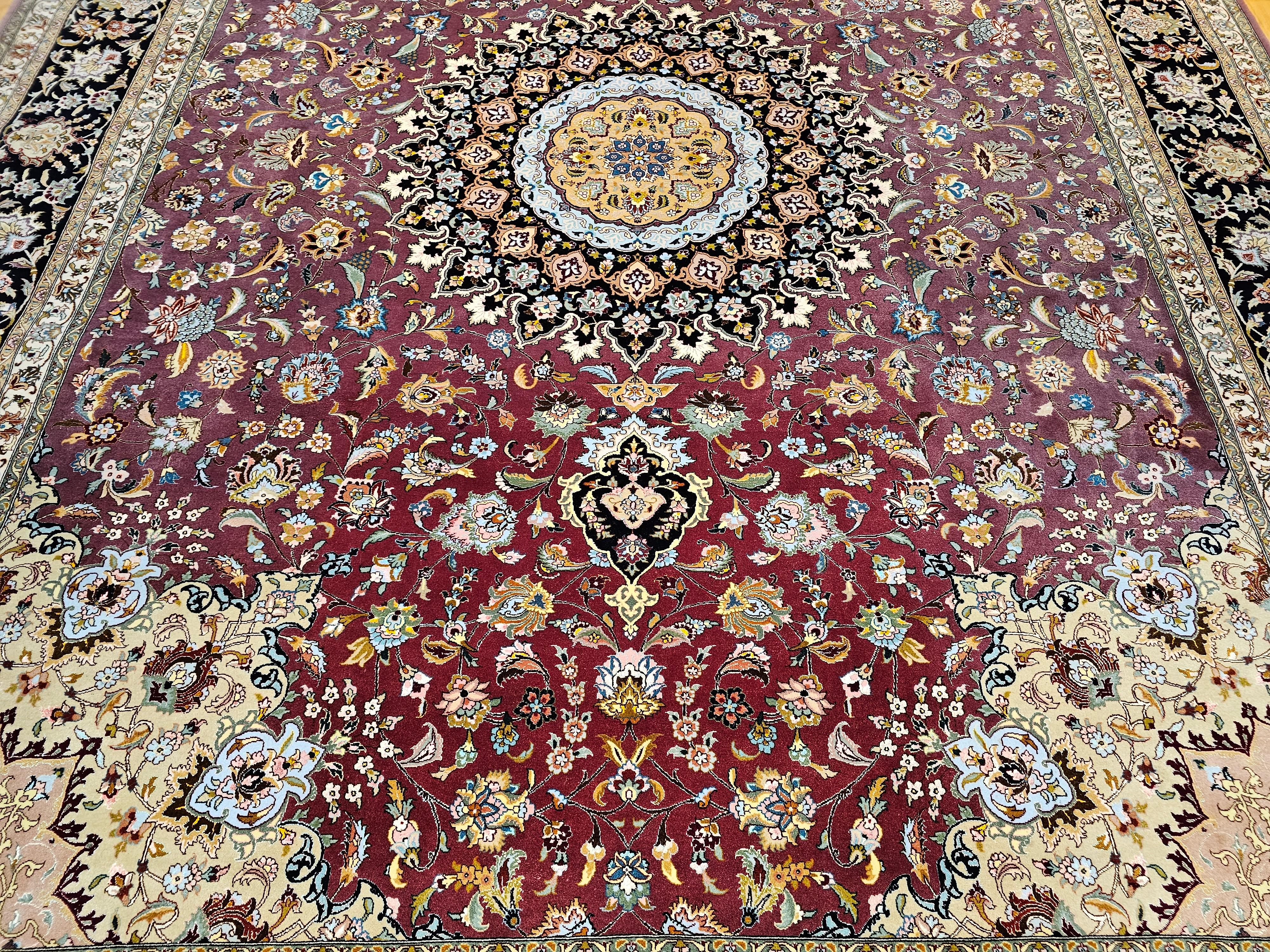 Vintage Room Size Persian Tabriz in Floral Pattern in Burgundy, Navy, Green In Good Condition For Sale In Barrington, IL