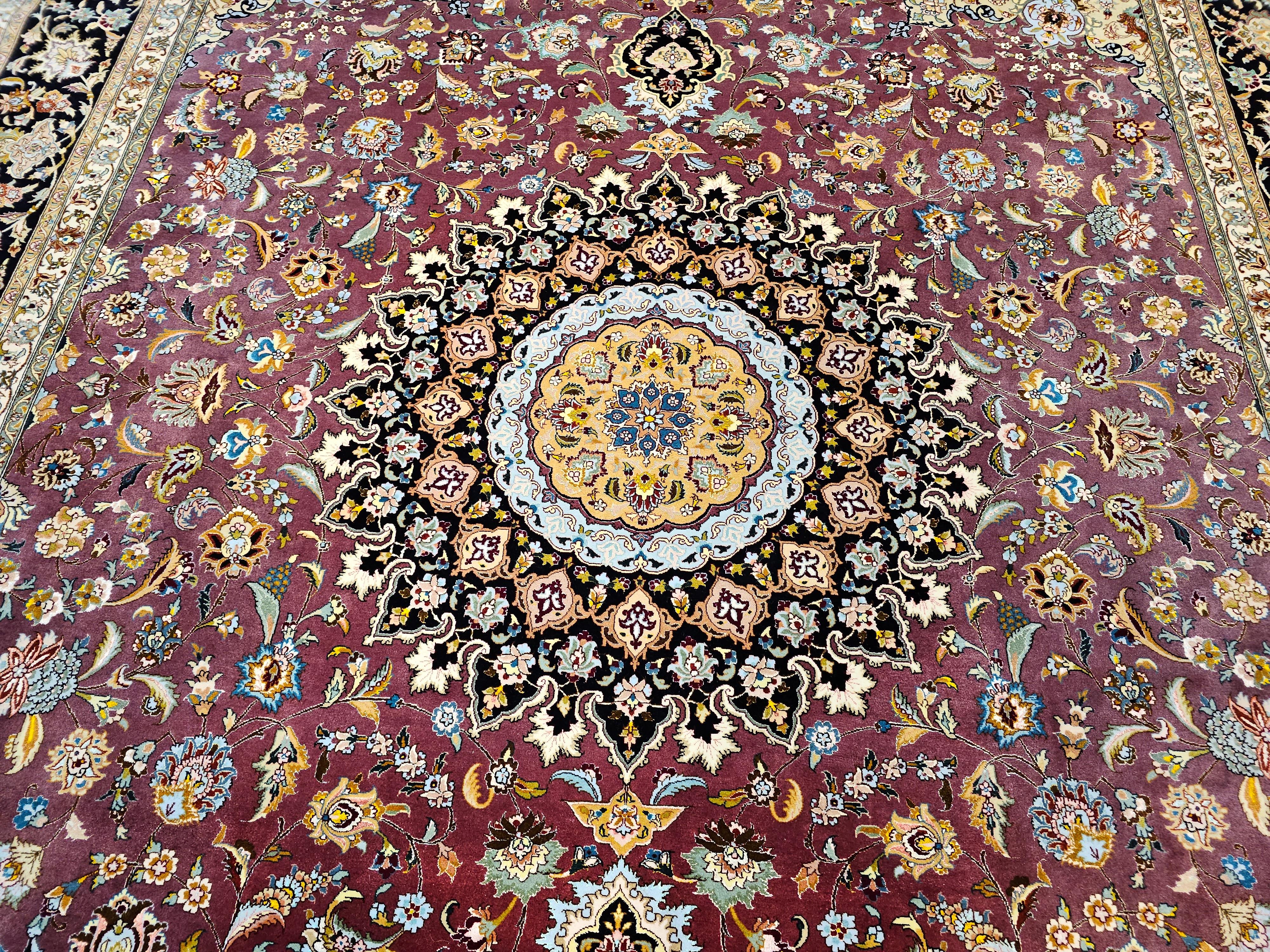 20th Century Vintage Room Size Persian Tabriz in Floral Pattern in Burgundy, Navy, Green For Sale