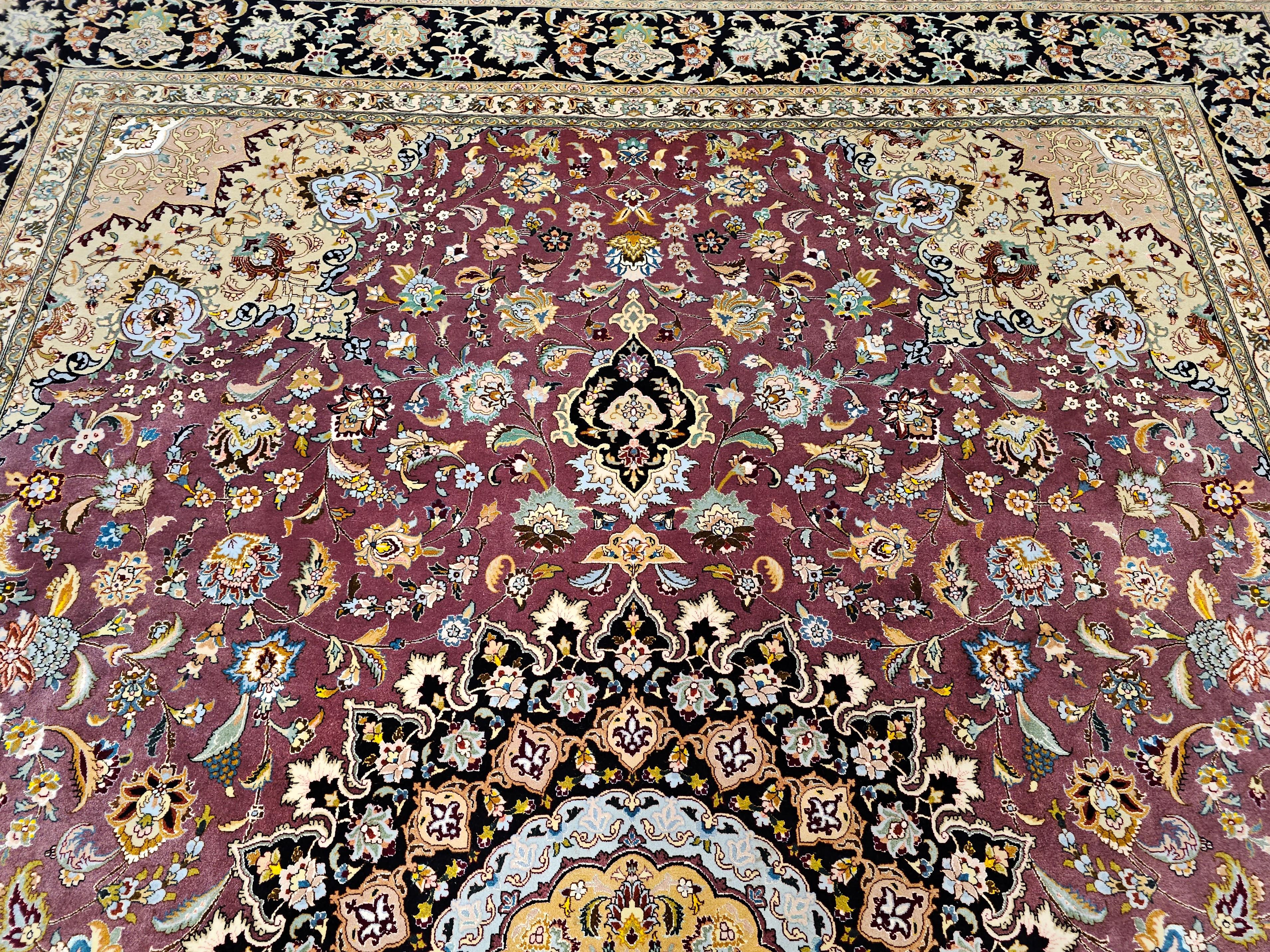 Wool Vintage Room Size Persian Tabriz in Floral Pattern in Burgundy, Navy, Green For Sale
