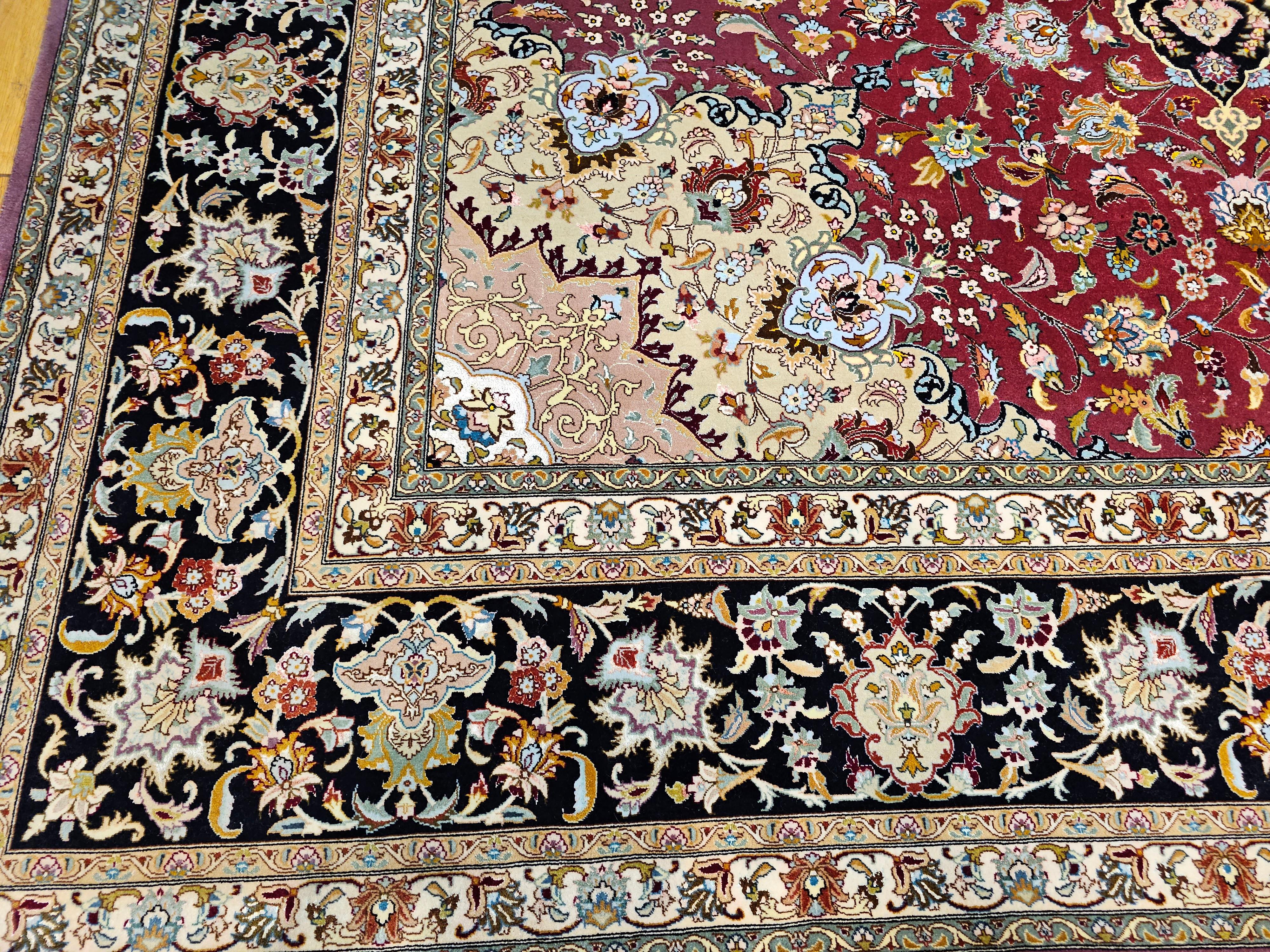Vintage Room Size Persian Tabriz in Floral Pattern in Burgundy, Navy, Green For Sale 2