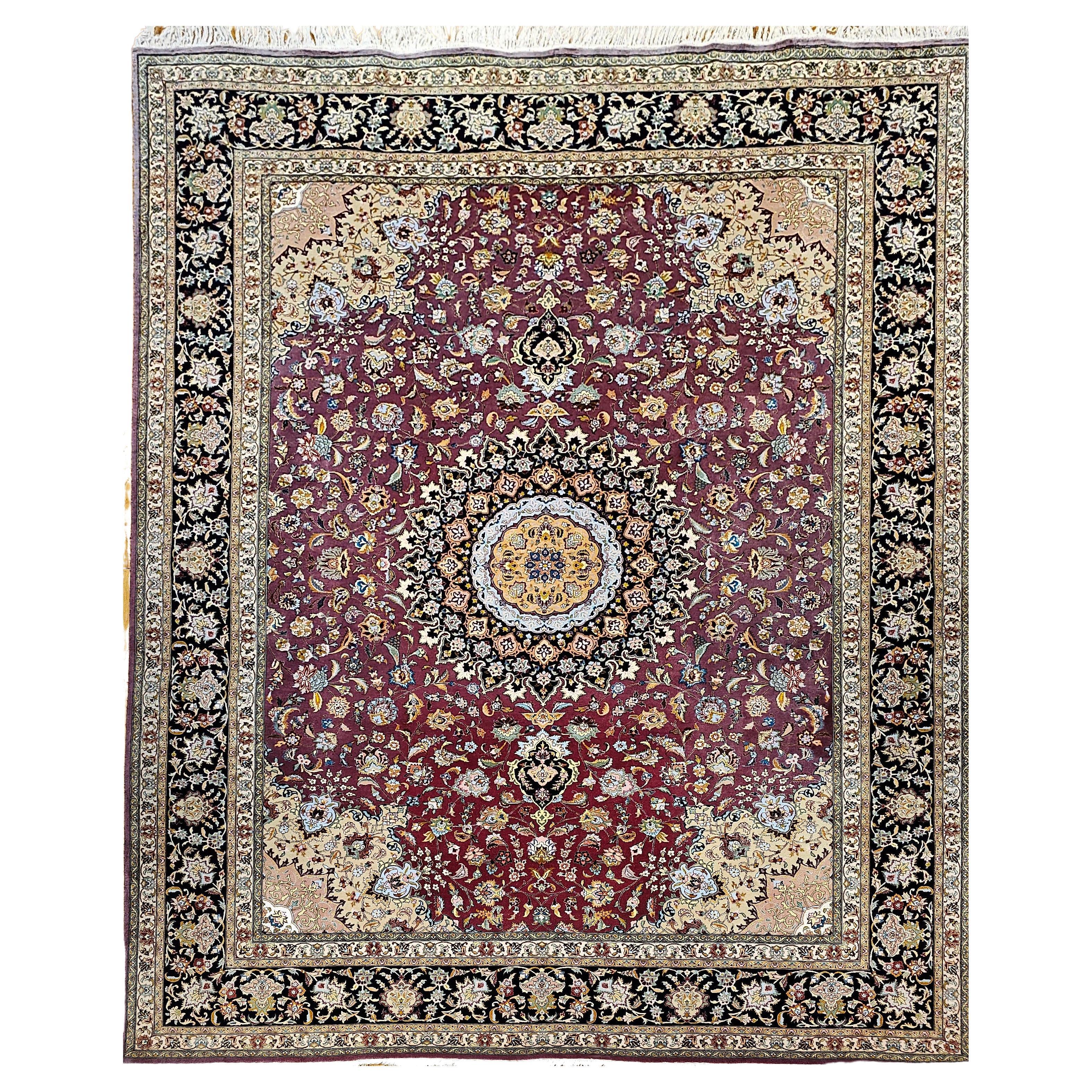 Vintage Room Size Persian Tabriz in Floral Pattern in Burgundy, Navy, Green