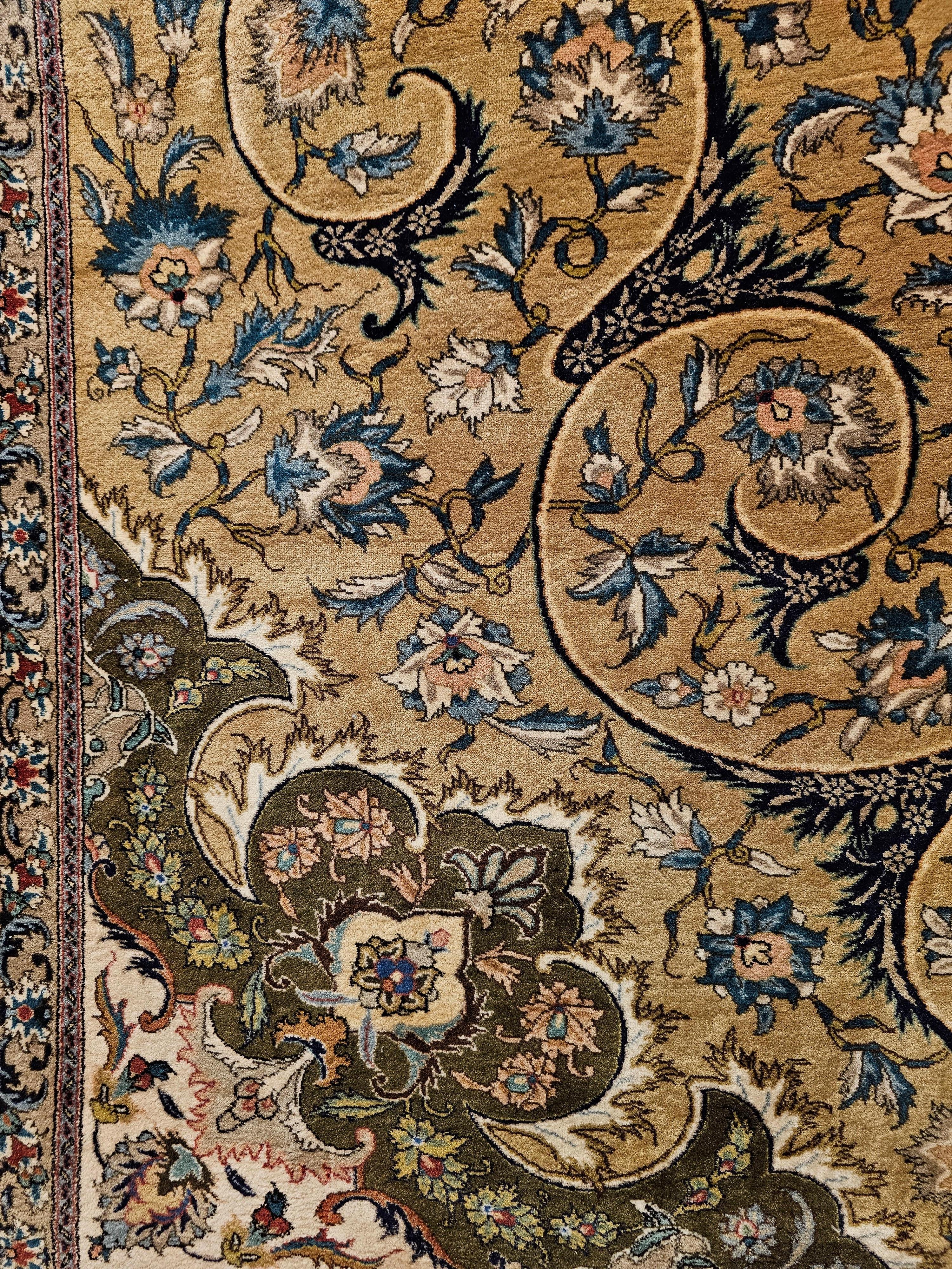 20th Century Vintage Persian Tabriz in a Floral Pattern in Camelhair, Green, Ivory, Pewter For Sale