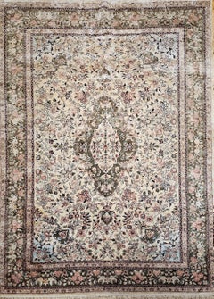 Vintage Indian Silk Rug, Hand-Knotted, Floral Medallion Design, 1970s