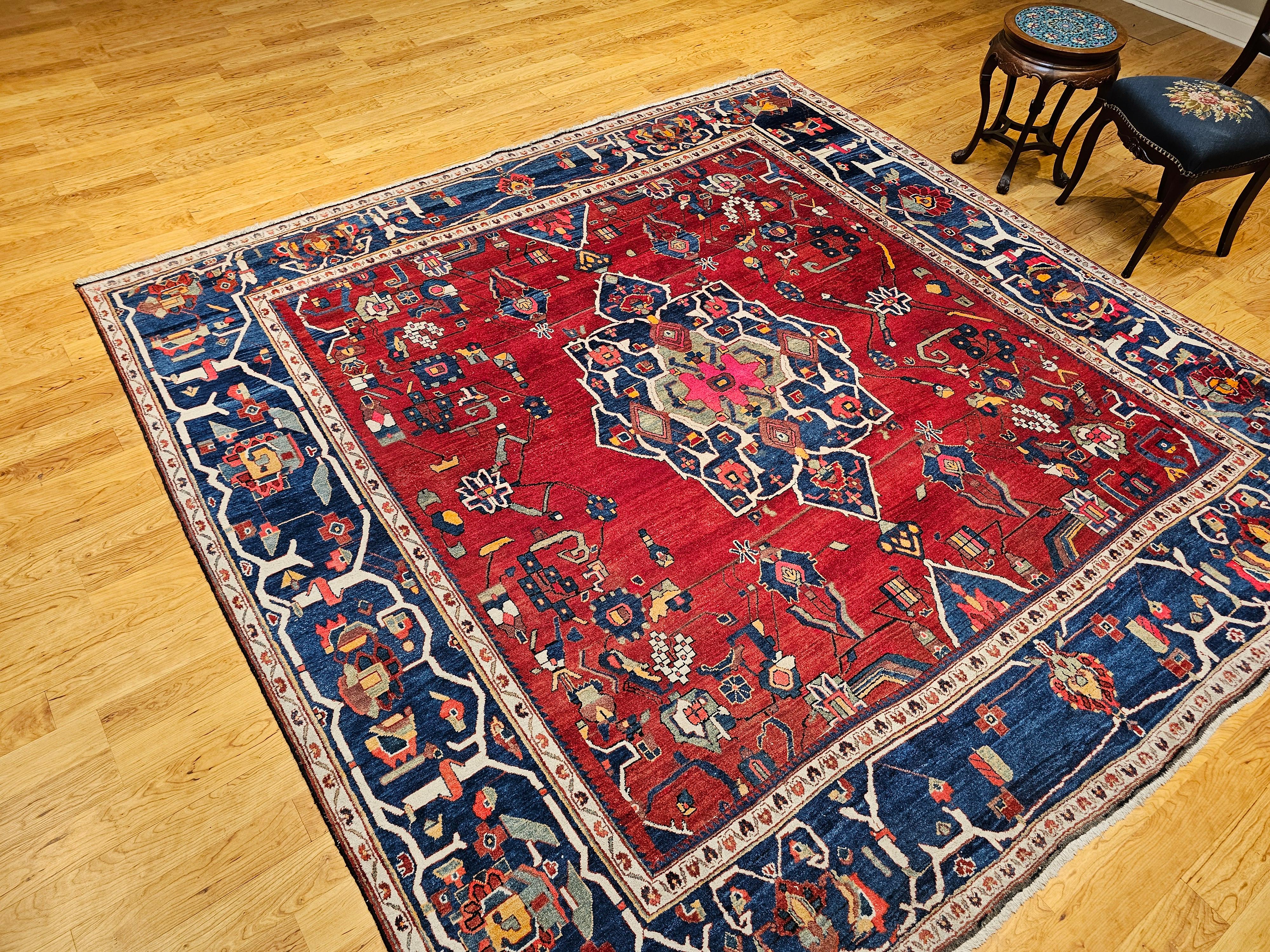Vintage Room Size Square Persian Hamadan in Red, French Blue, Green, Pink, Navy For Sale 9