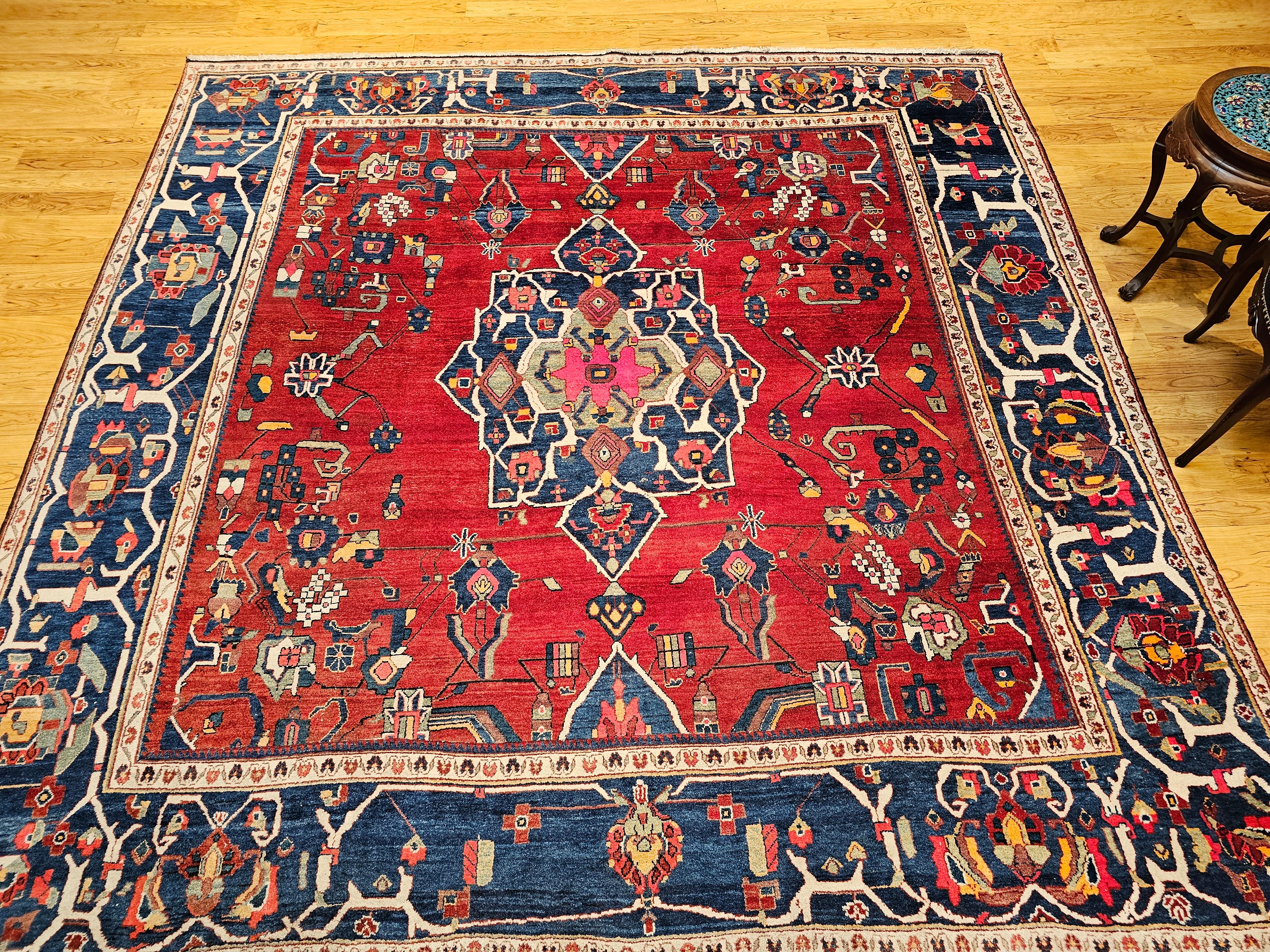 Vintage Room Size Square Persian Hamadan in Red, French Blue, Green, Pink, Navy For Sale 10