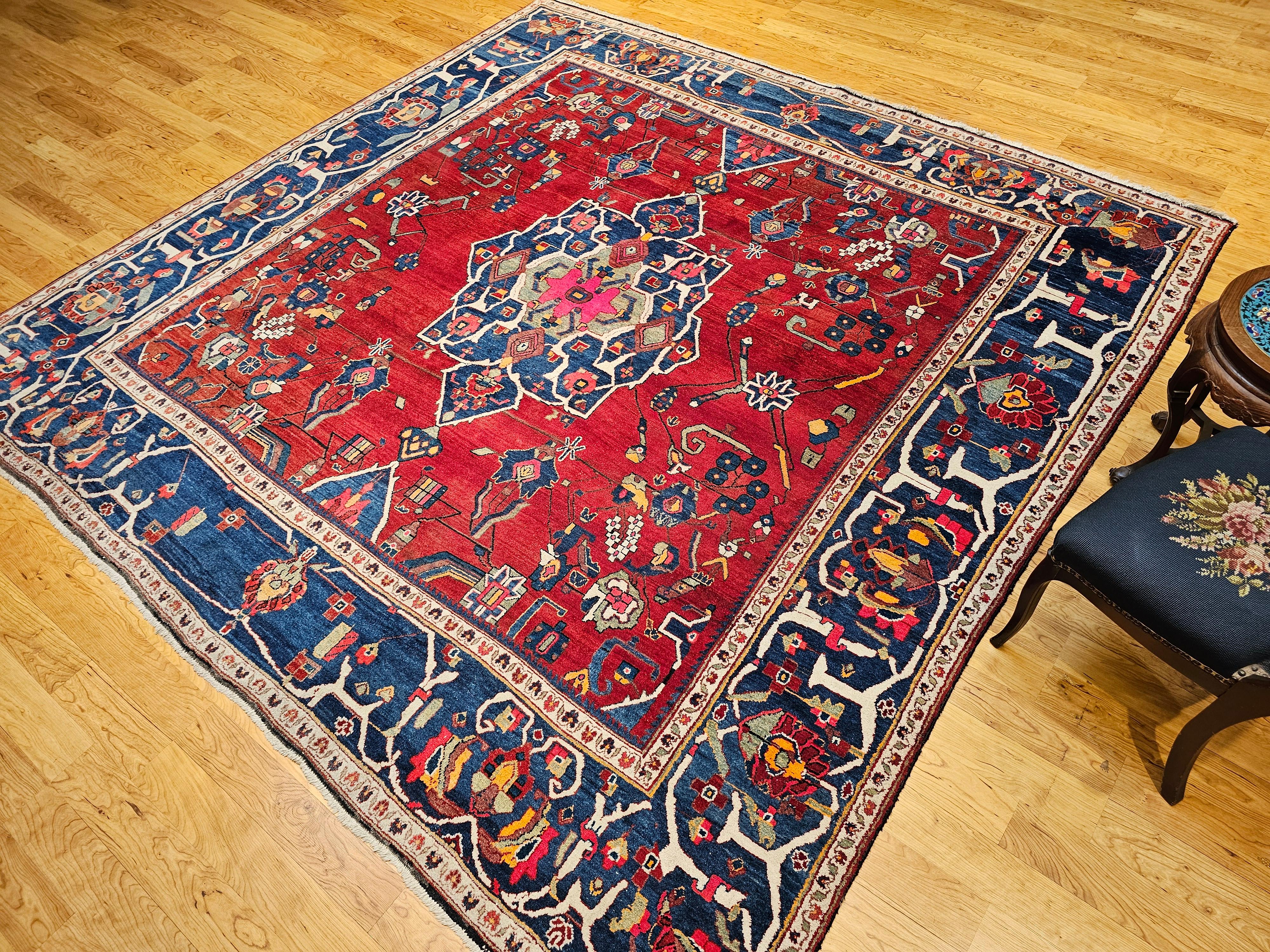 Vintage Room Size Square Persian Hamadan in Red, French Blue, Green, Pink, Navy For Sale 11
