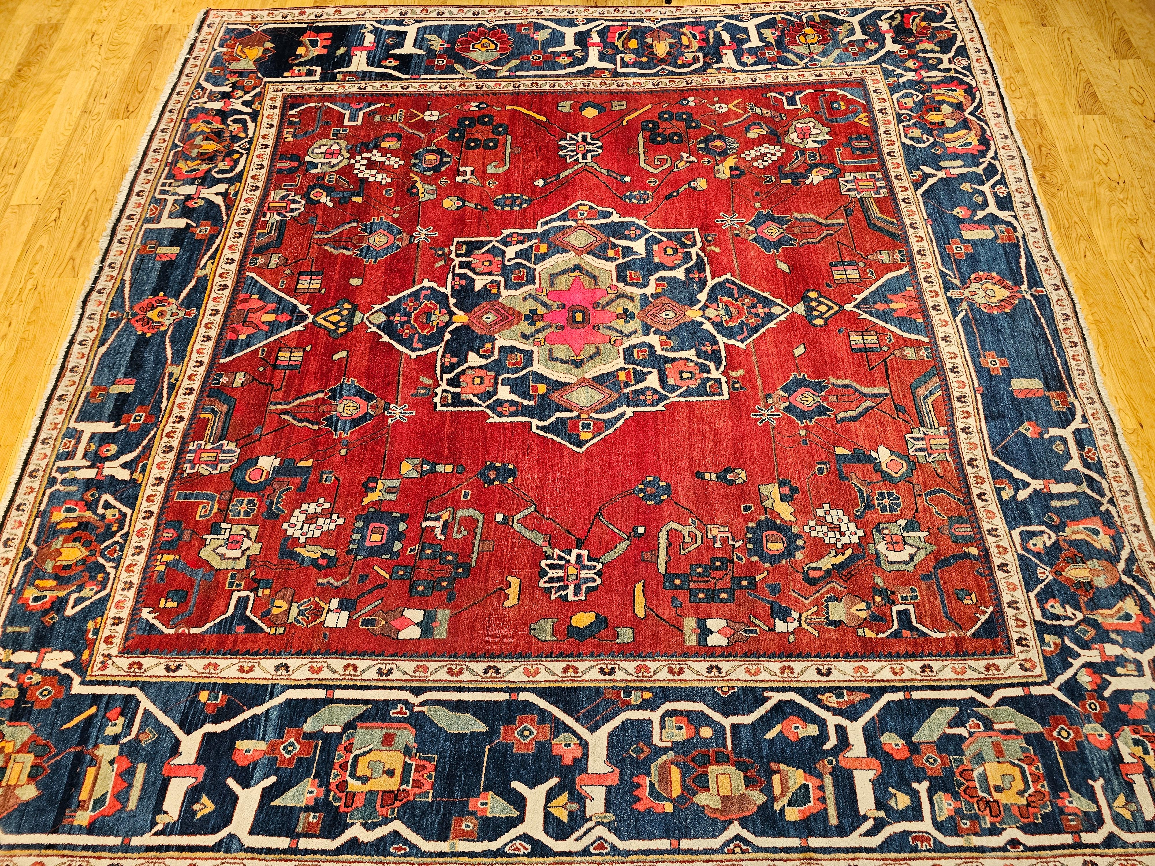 Vintage Room Size Square Persian Hamadan in Red, French Blue, Green, Pink, Navy For Sale 12