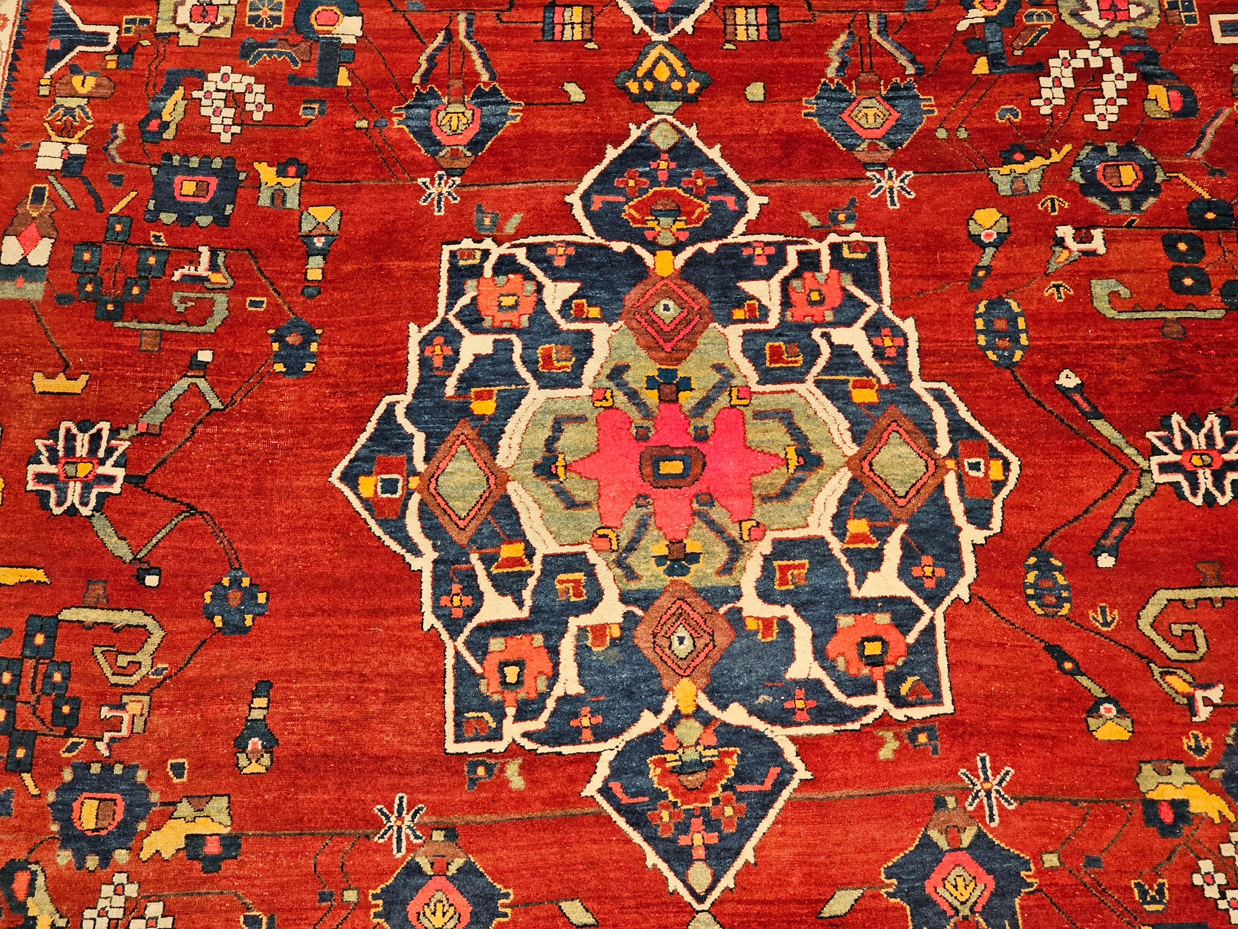 Vintage Room Size Square Persian Hamadan in Red, French Blue, Green, Pink, Navy In Good Condition For Sale In Barrington, IL
