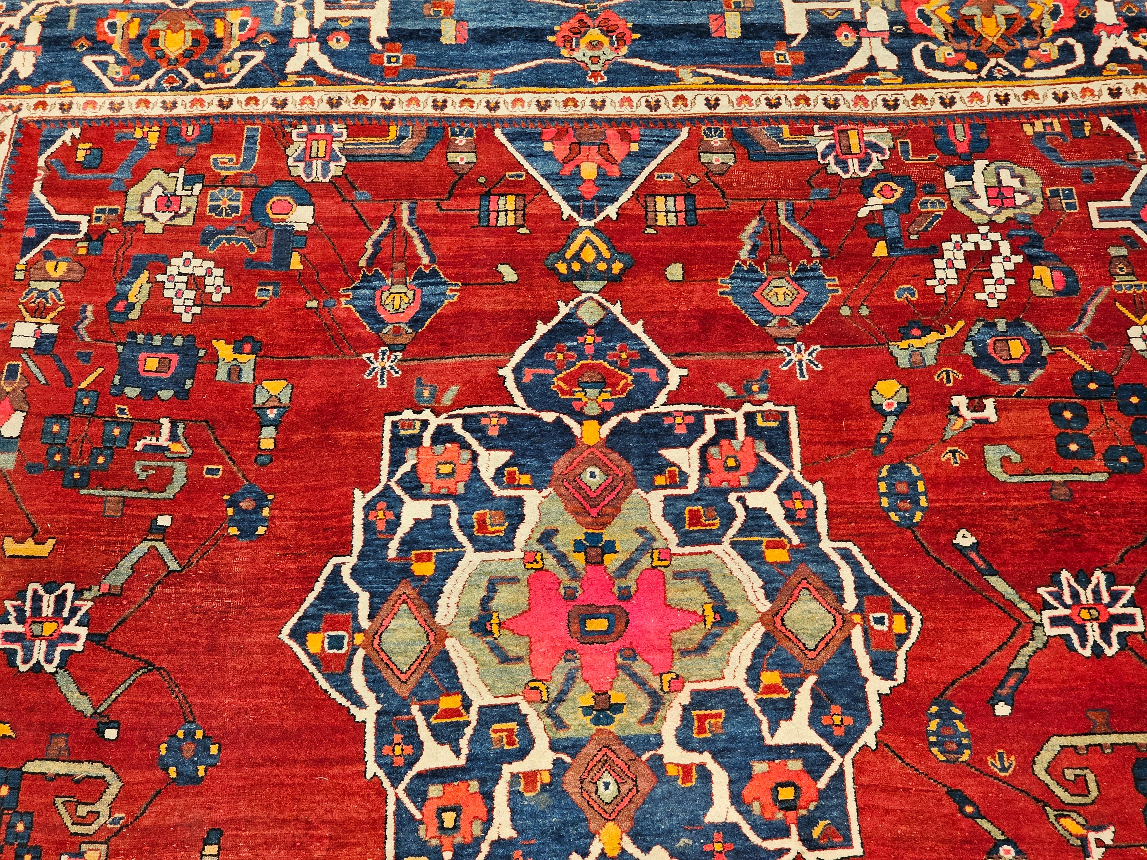 20th Century Vintage Room Size Square Persian Hamadan in Red, French Blue, Green, Pink, Navy For Sale