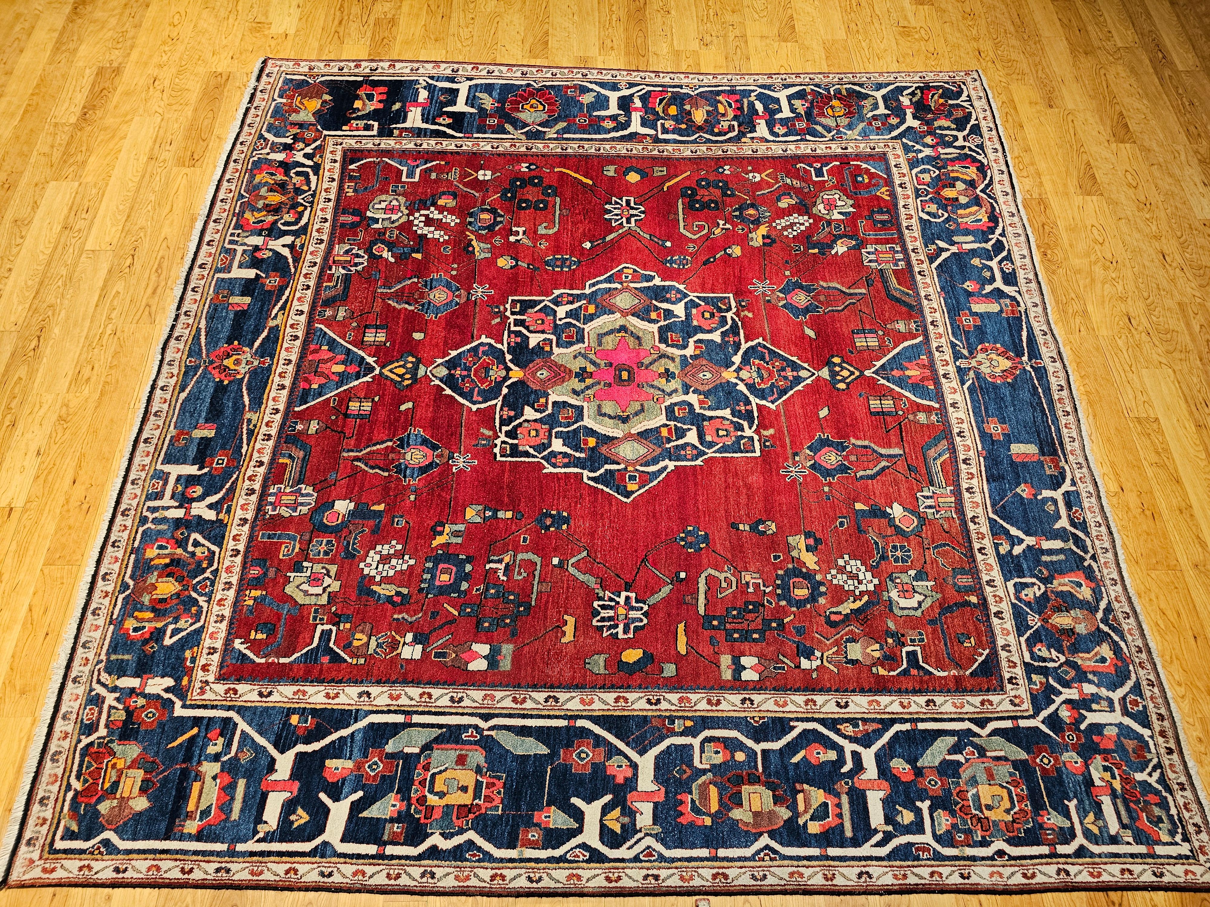 Wool Vintage Room Size Square Persian Hamadan in Red, French Blue, Green, Pink, Navy For Sale