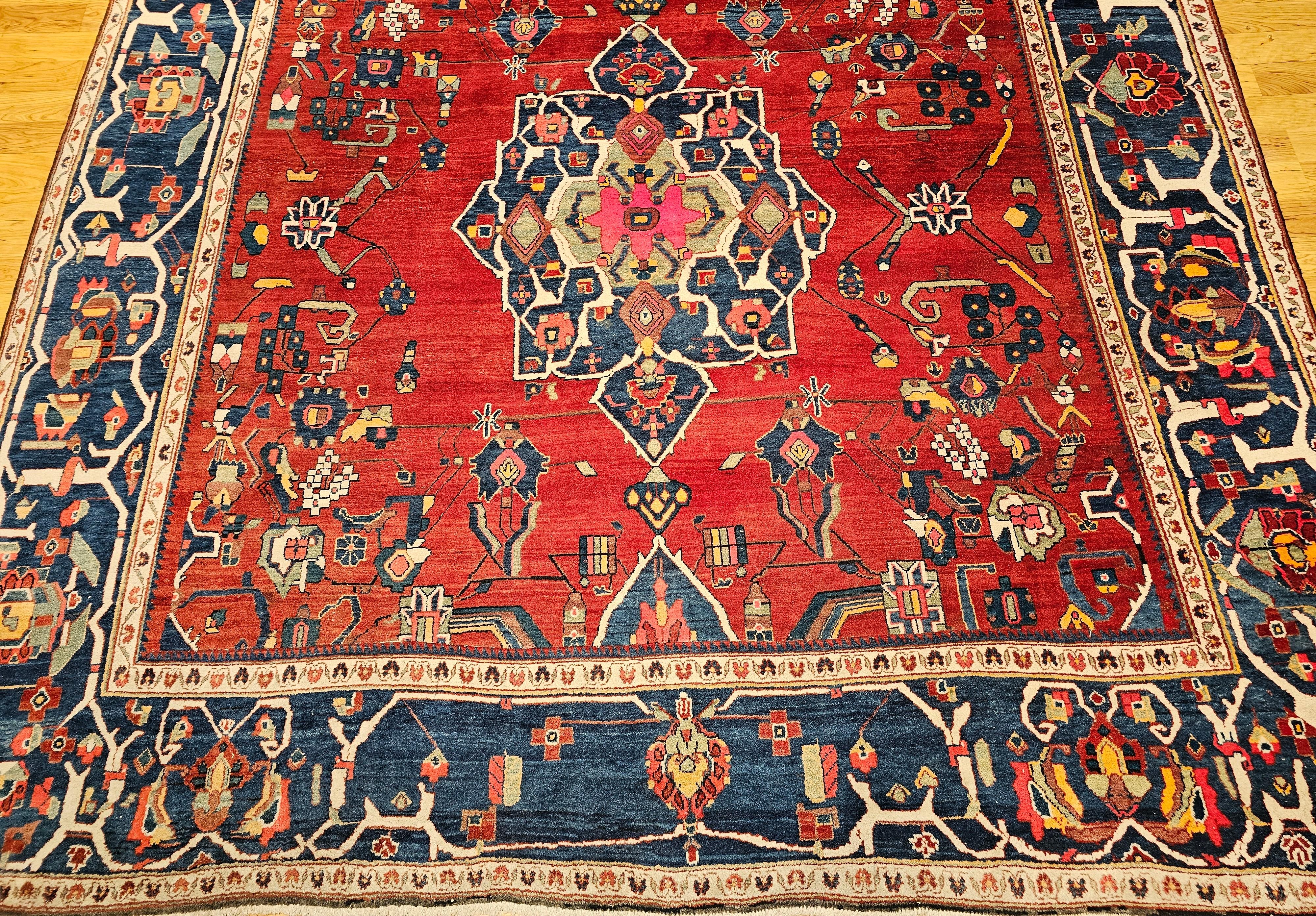 Vintage Room Size Square Persian Hamadan in Red, French Blue, Green, Pink, Navy For Sale 1