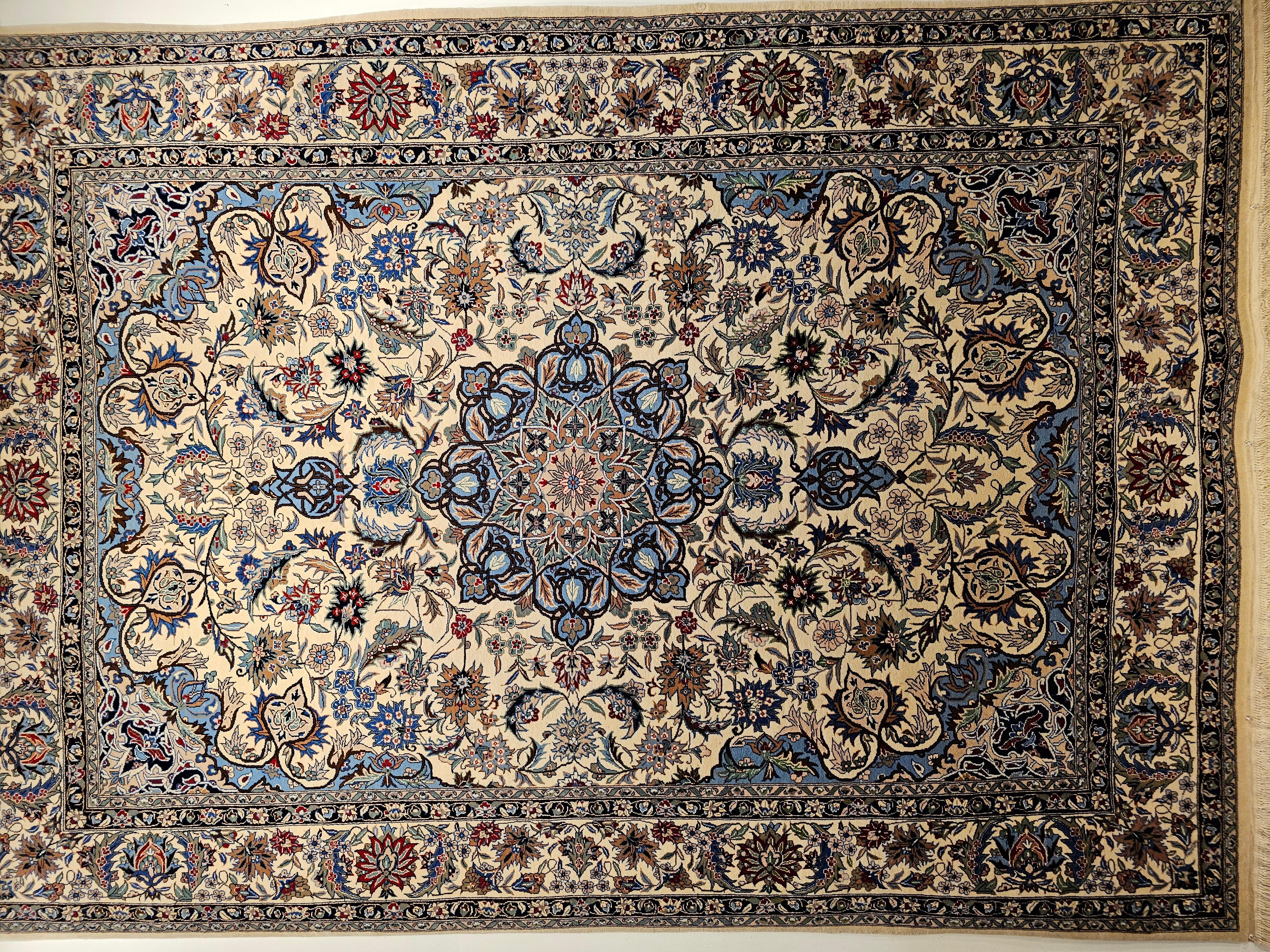Vintage Tabriz Rug in Floral Design With French Blue, Green, and Ivory Colors For Sale 5