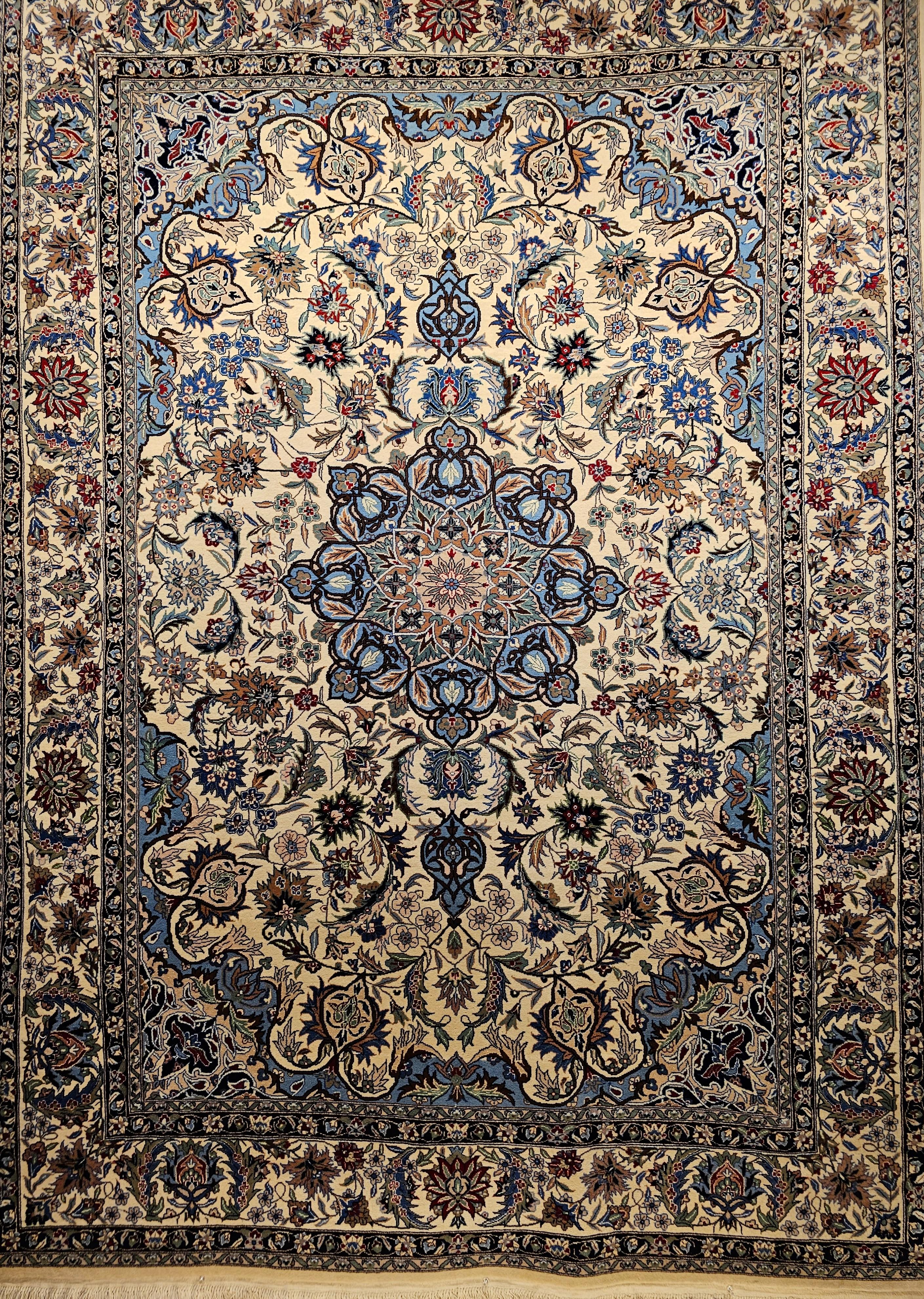 Hand-Knotted Vintage Tabriz Rug in Floral Design With French Blue, Green, and Ivory Colors For Sale