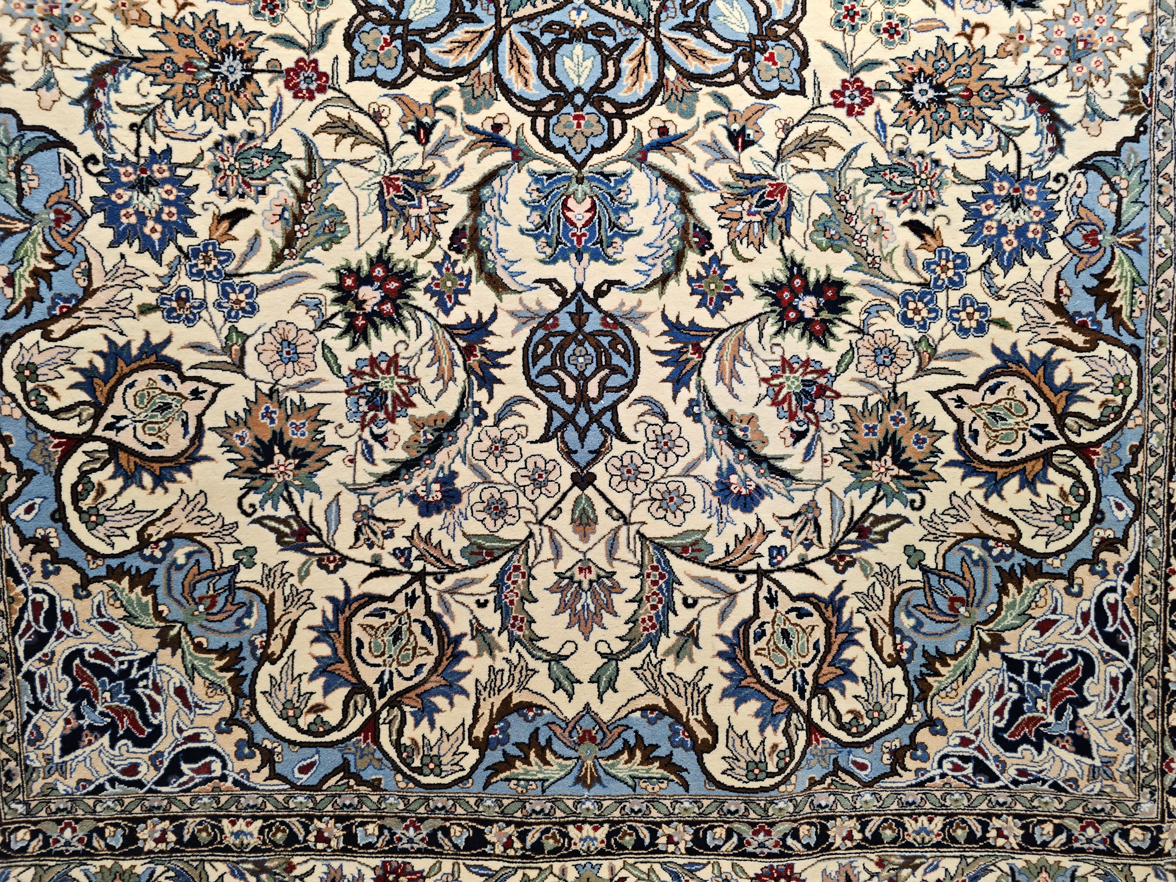 Wool Vintage Tabriz Rug in Floral Design With French Blue, Green, and Ivory Colors For Sale