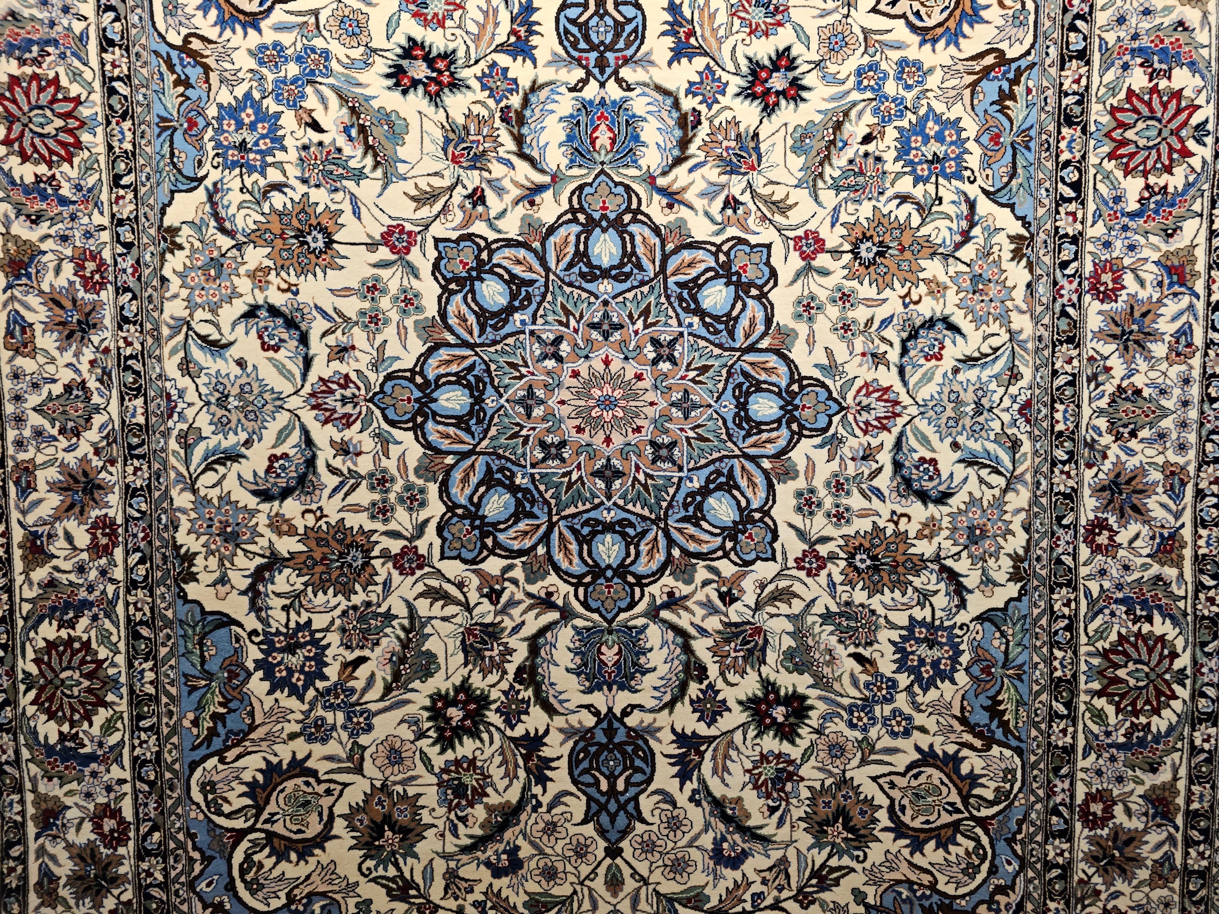 Vintage Tabriz Rug in Floral Design With French Blue, Green, and Ivory Colors For Sale 1