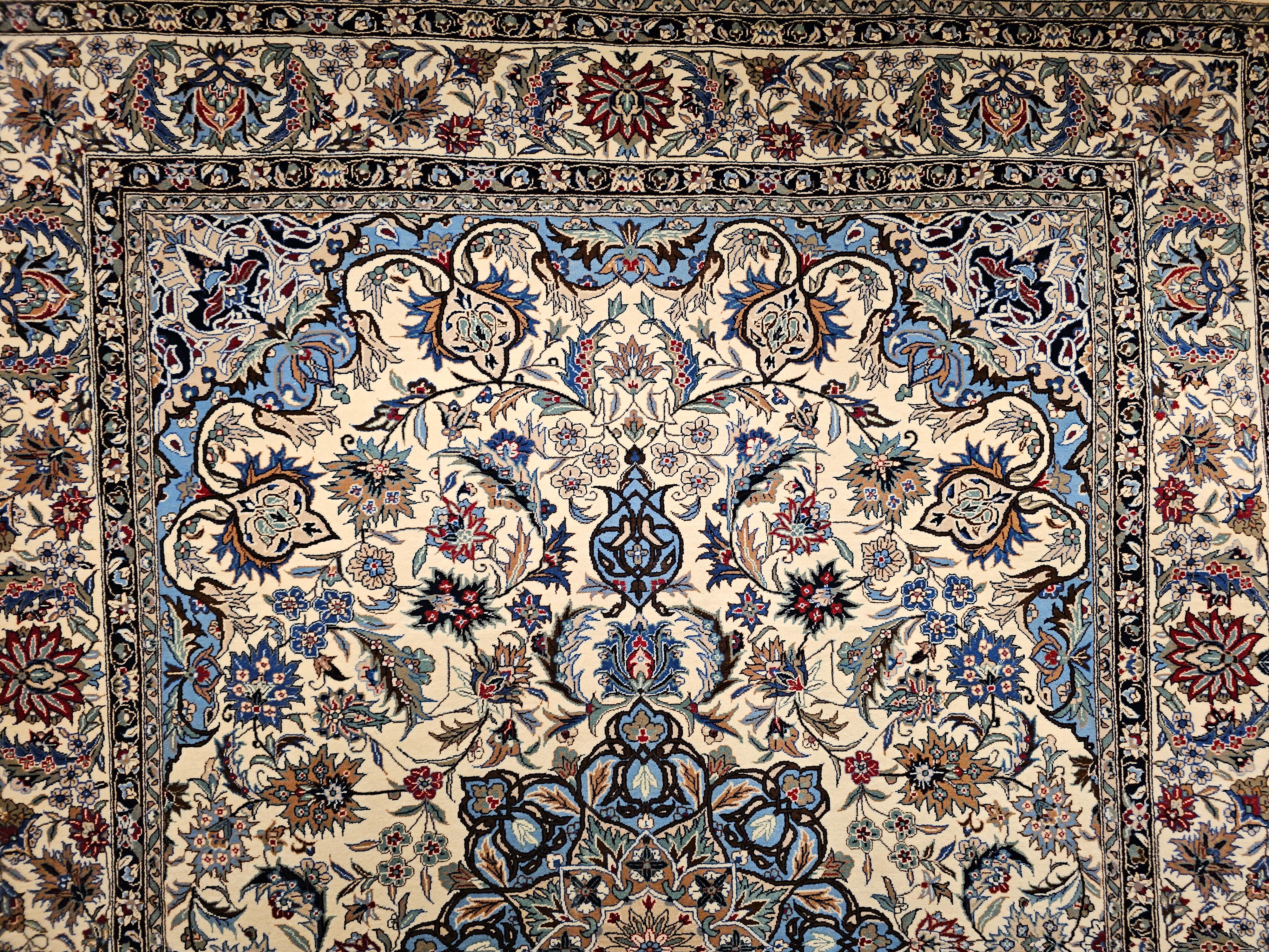 Vintage Tabriz Rug in Floral Design With French Blue, Green, and Ivory Colors For Sale 2
