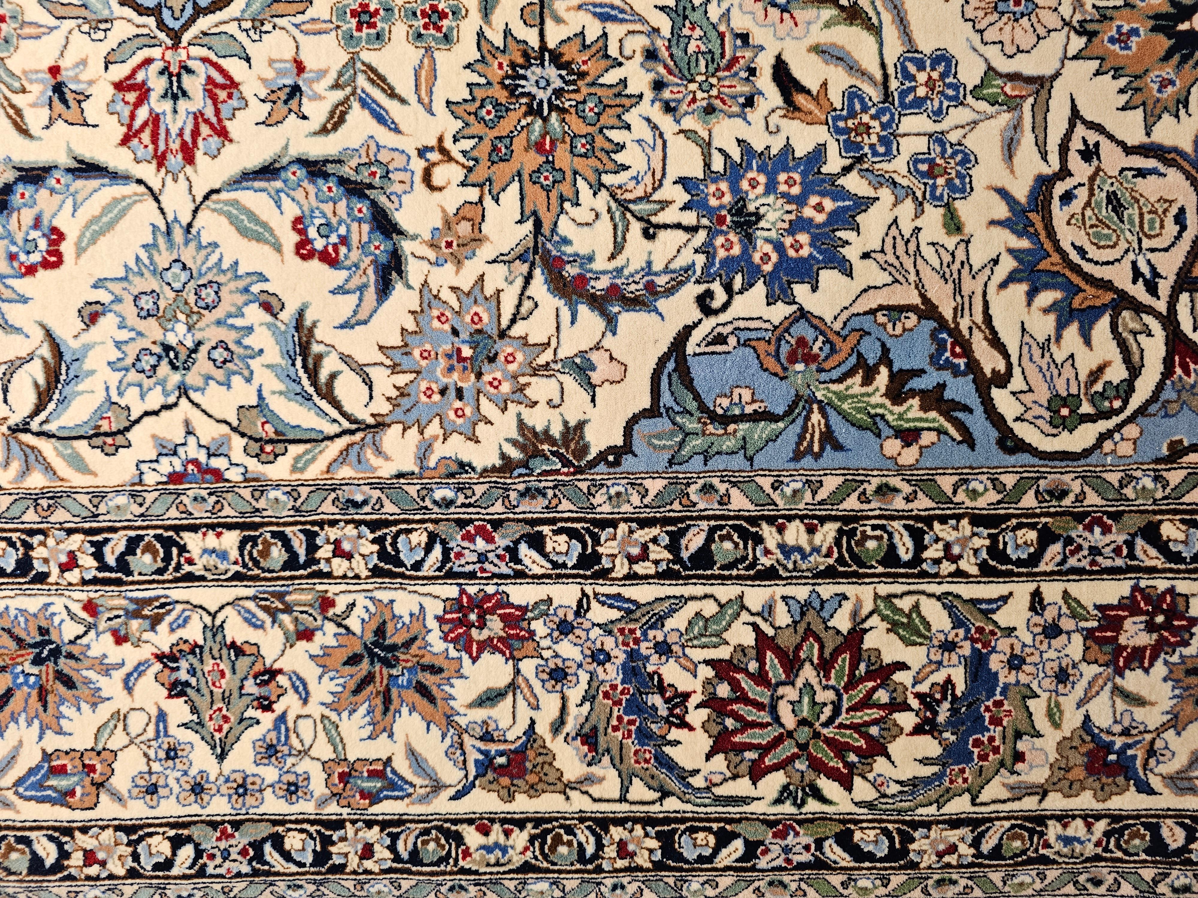 Vintage Tabriz Rug in Floral Design With French Blue, Green, and Ivory Colors For Sale 3