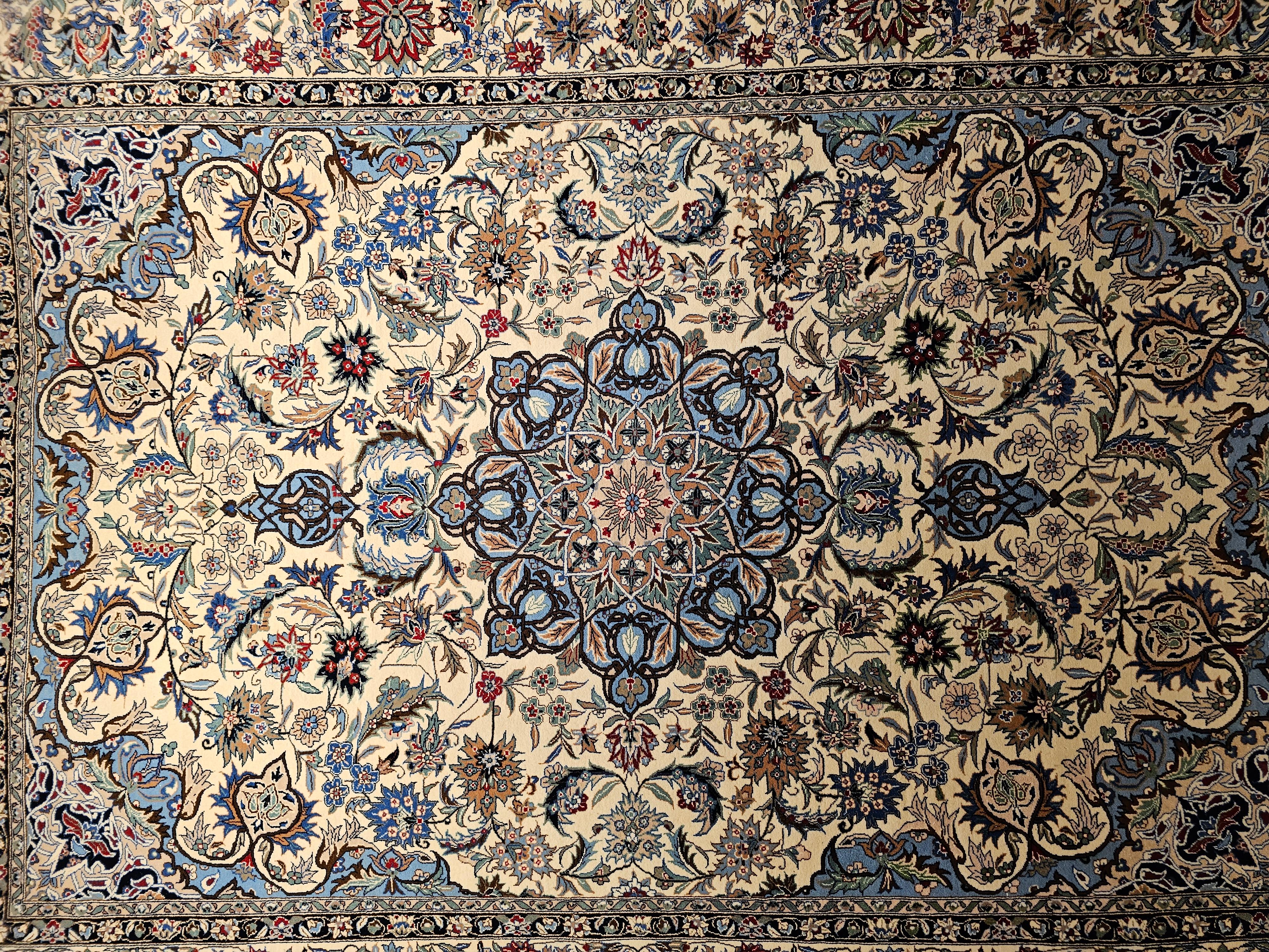Vintage Tabriz Rug in Floral Design With French Blue, Green, and Ivory Colors For Sale 4