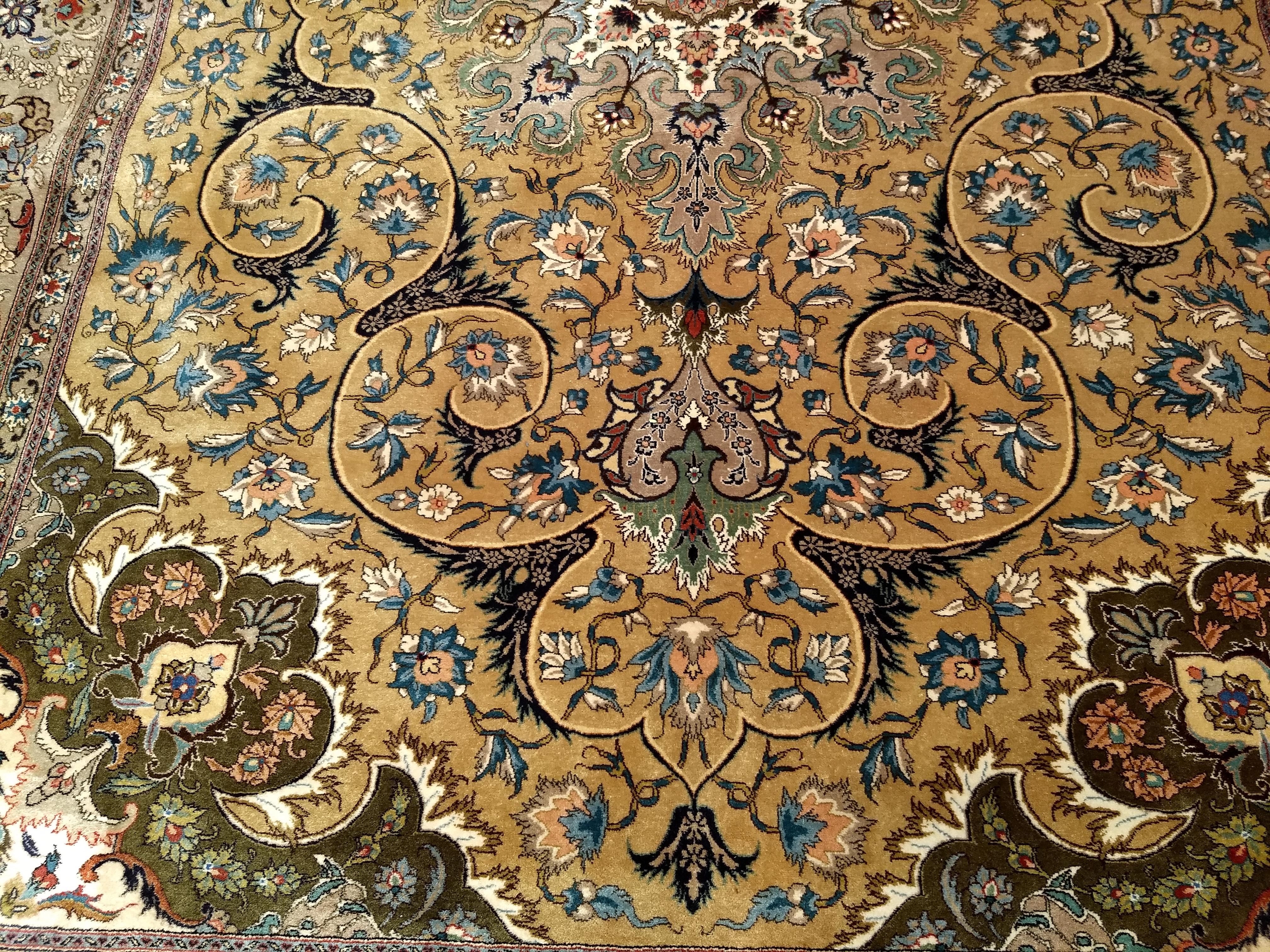 Vintage Persian Tabriz in a Floral Pattern in Camelhair, Green, Ivory, Pewter For Sale 3