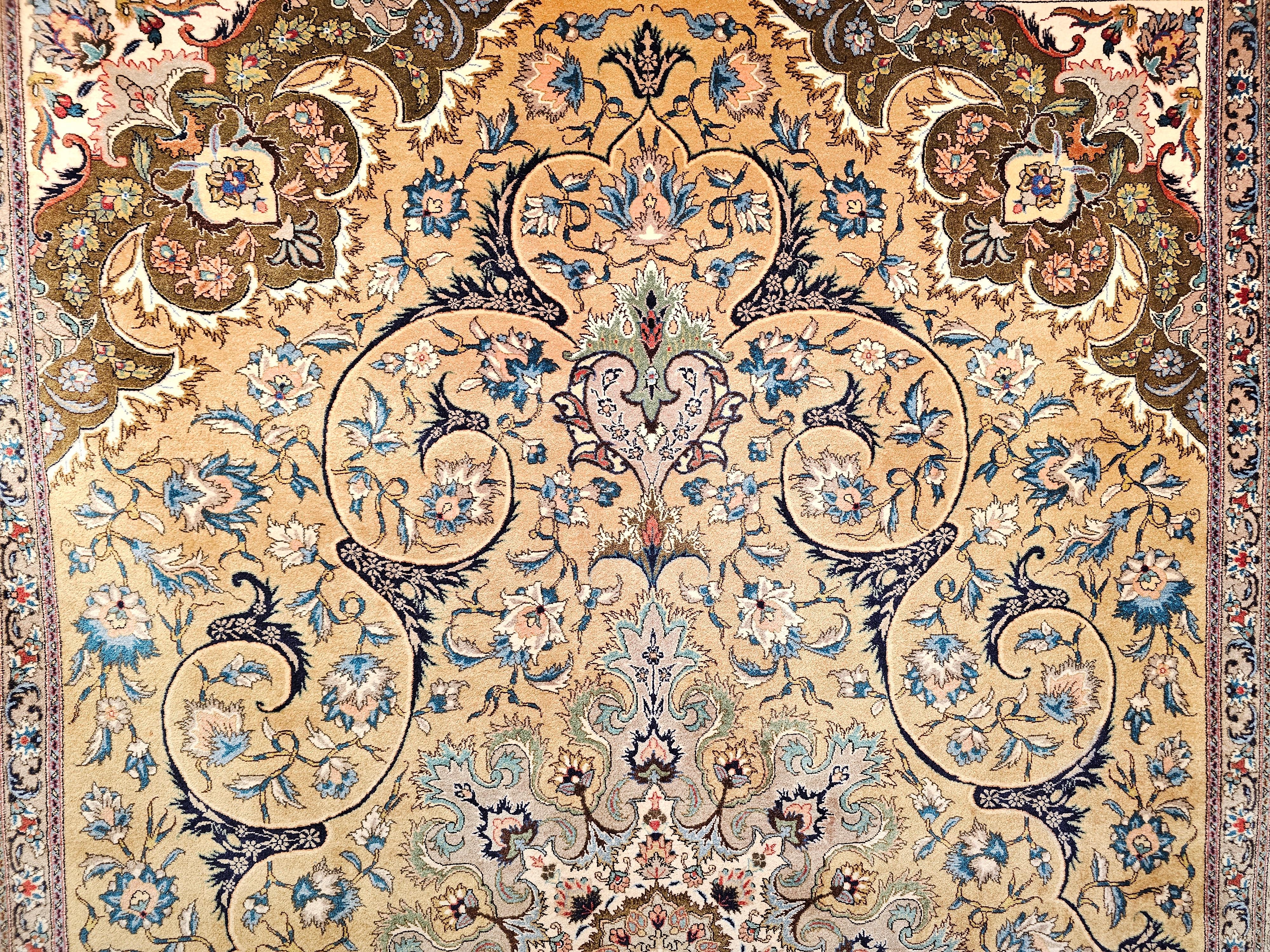 Hand-Woven Vintage Persian Tabriz in a Floral Pattern in Camelhair, Green, Ivory, Pewter For Sale