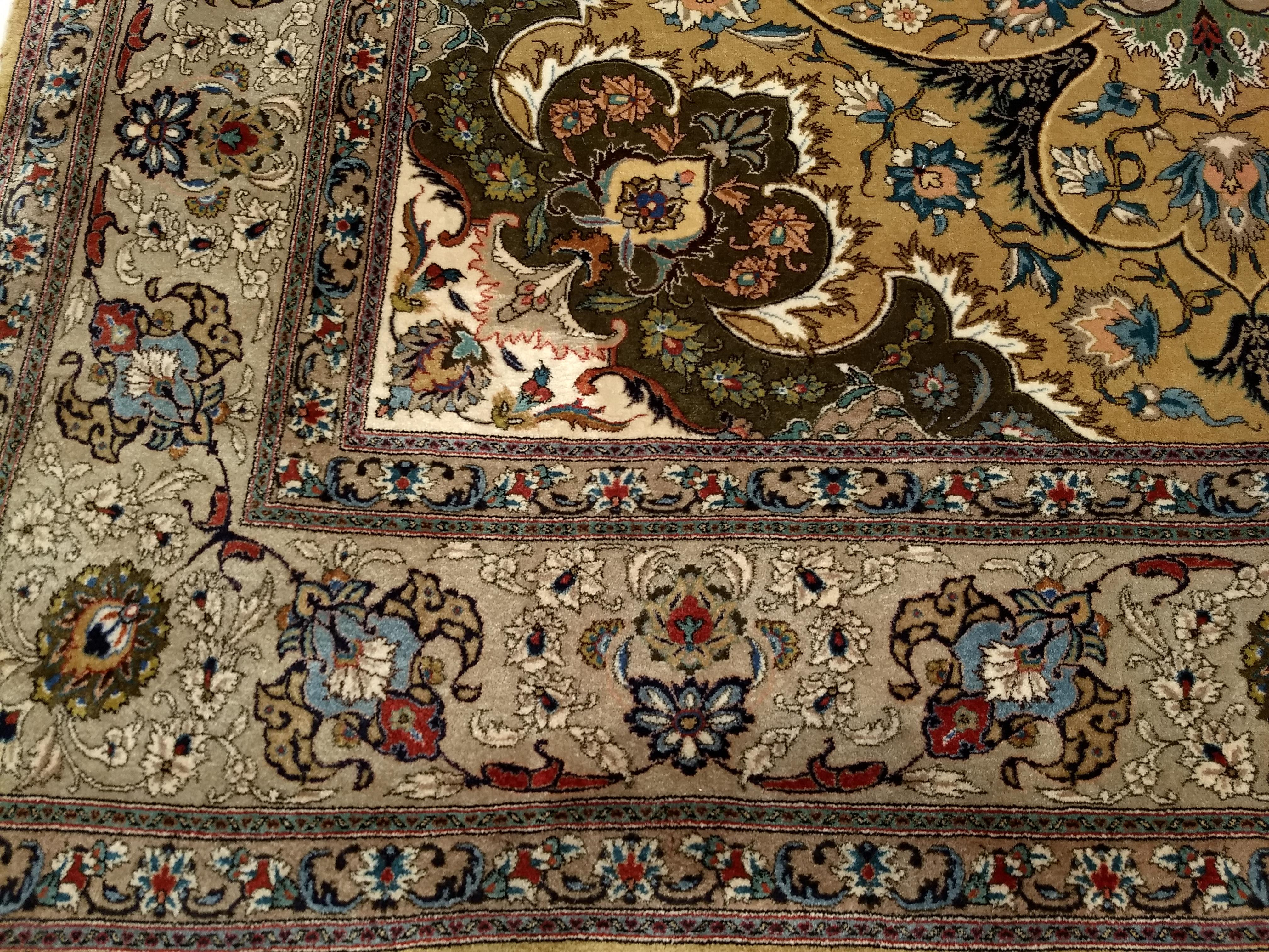 Vintage Persian Tabriz in a Floral Pattern in Camelhair, Green, Ivory, Pewter For Sale 2