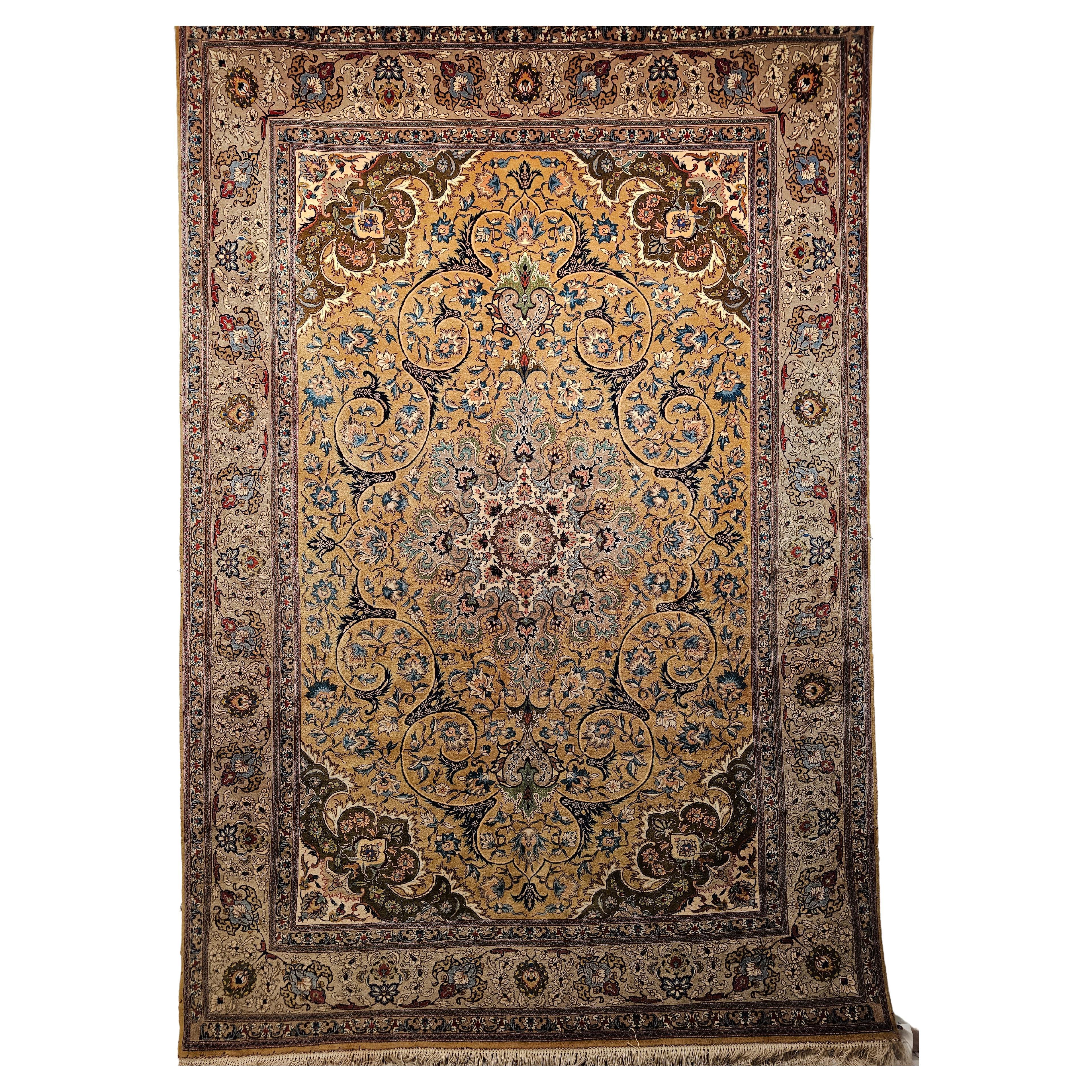 Vintage Persian Tabriz in a Floral Pattern in Camelhair, Green, Ivory, Pewter For Sale