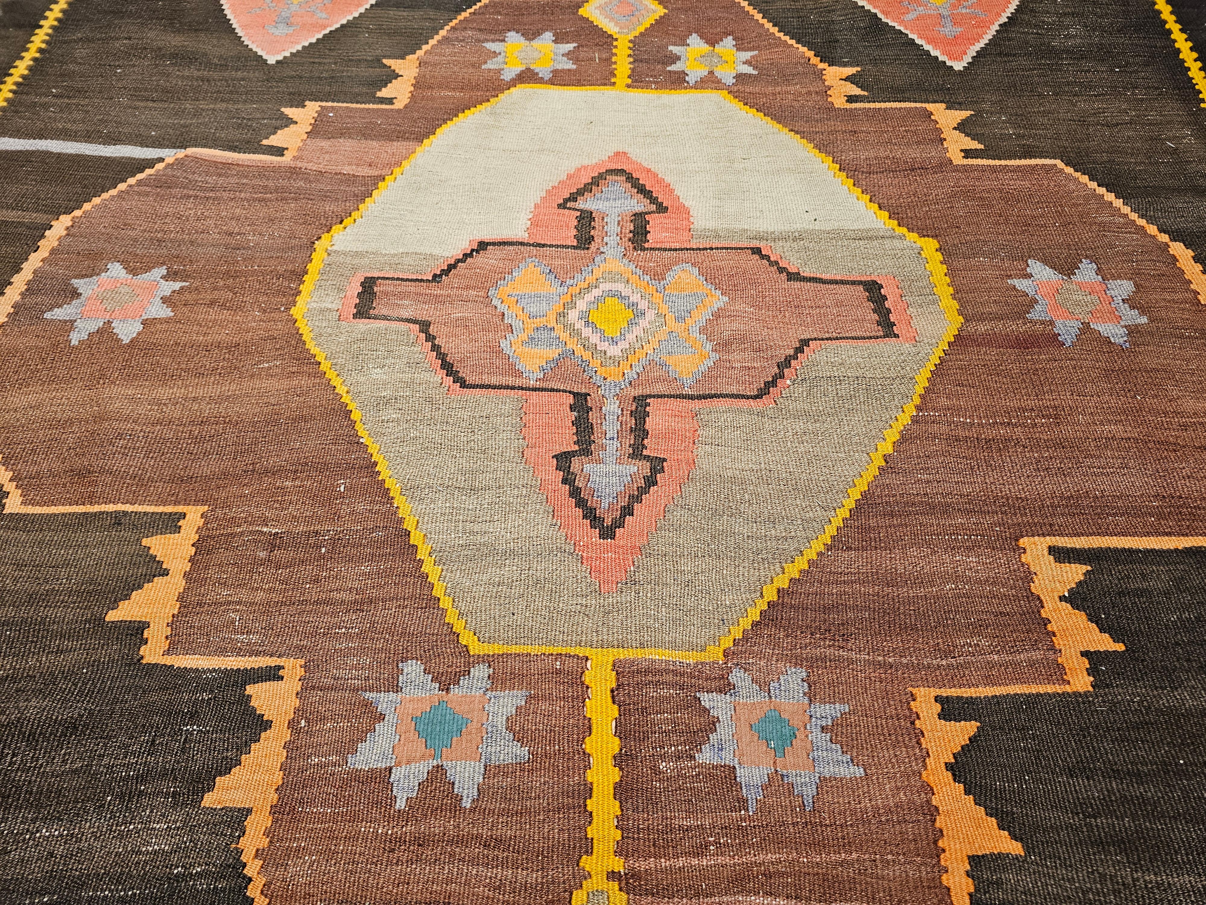 Vintage Room Size Turkish Kilim Rug in Chocolate and Brown For Sale 6