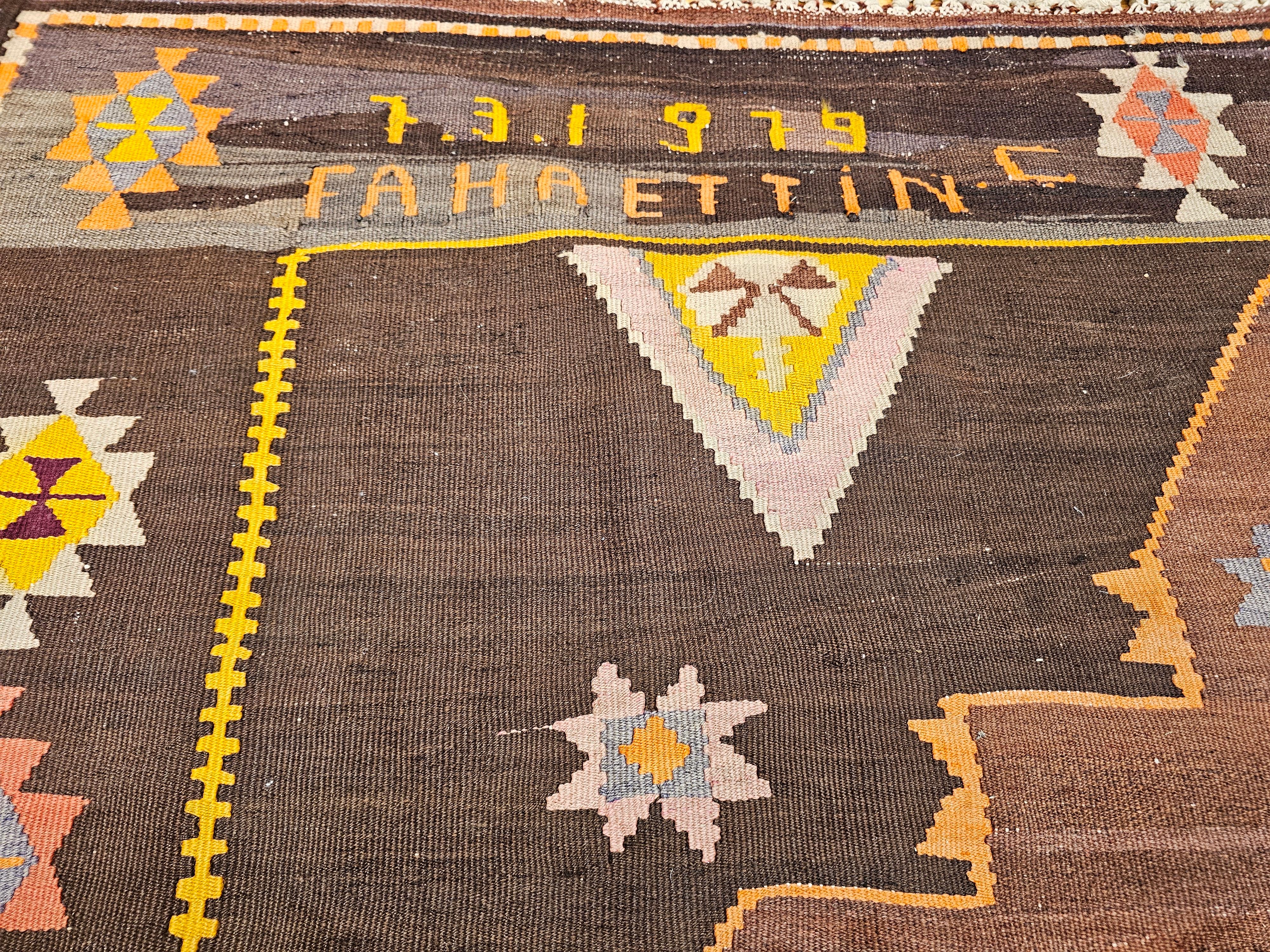 Vintage Room Size Turkish Kilim Rug in Chocolate and Brown For Sale 7