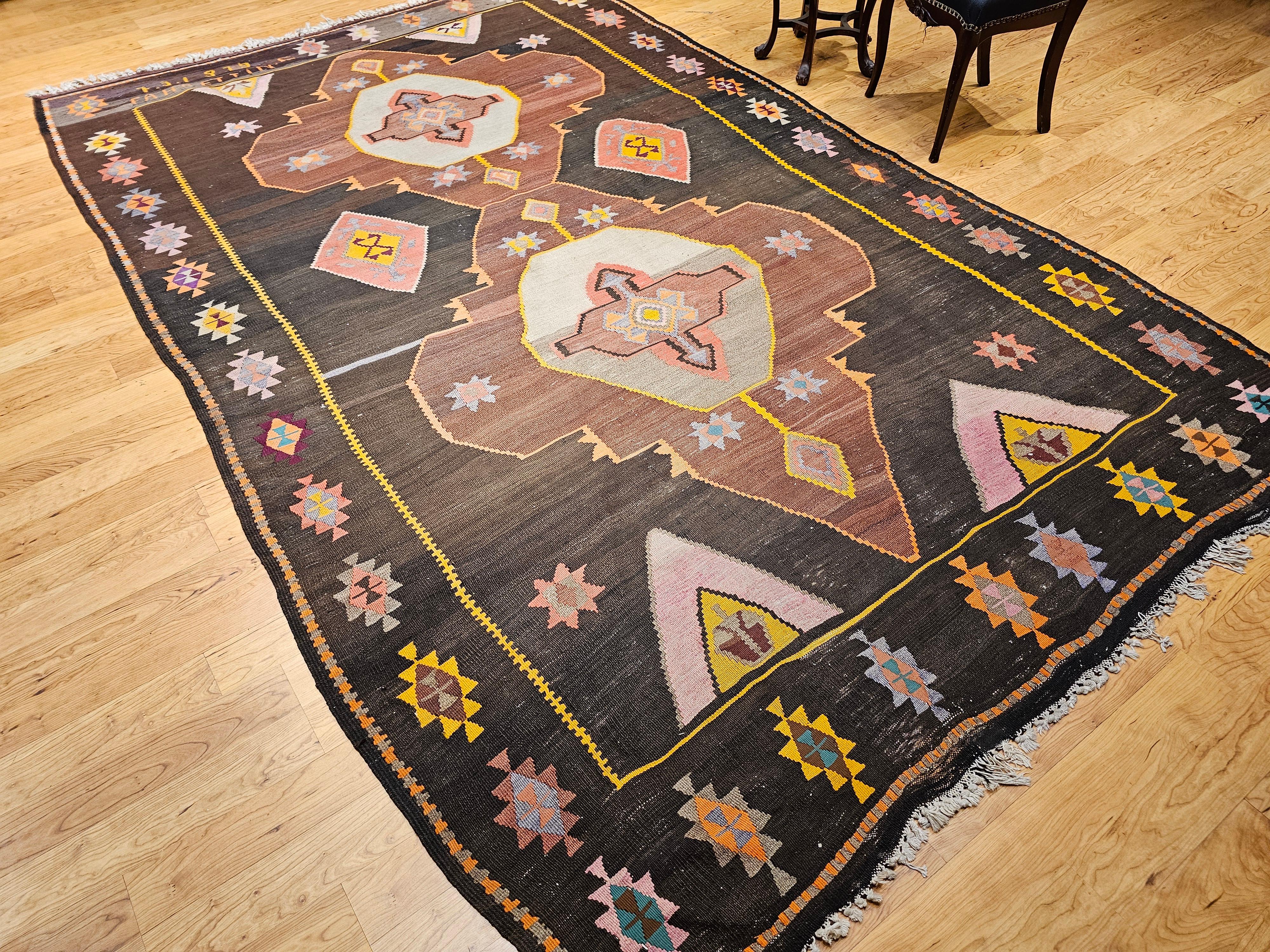 Vintage Room Size Turkish Kilim Rug in Chocolate and Brown For Sale 8