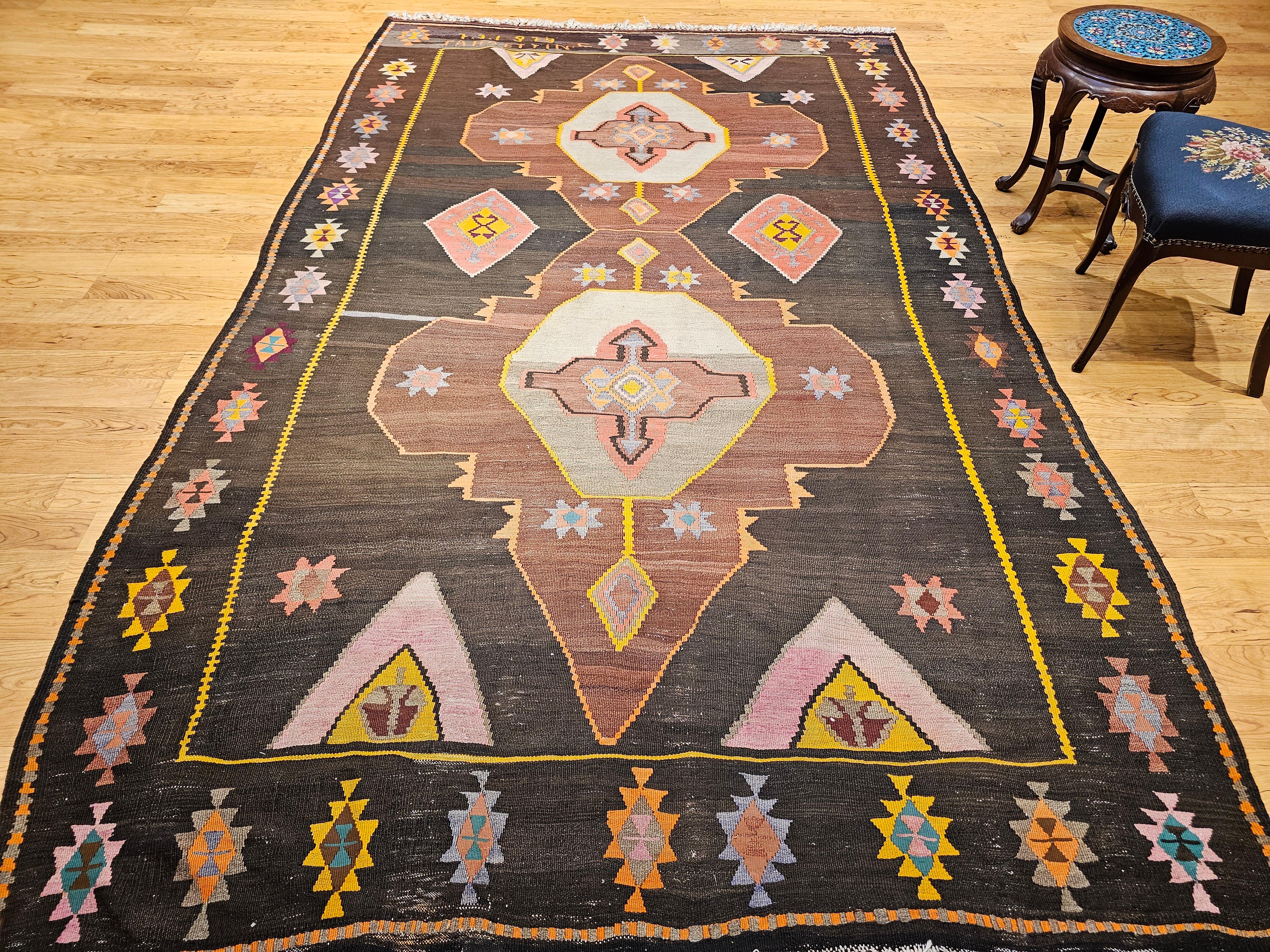 Vintage Room Size Turkish Kilim Rug in Chocolate and Brown For Sale 9