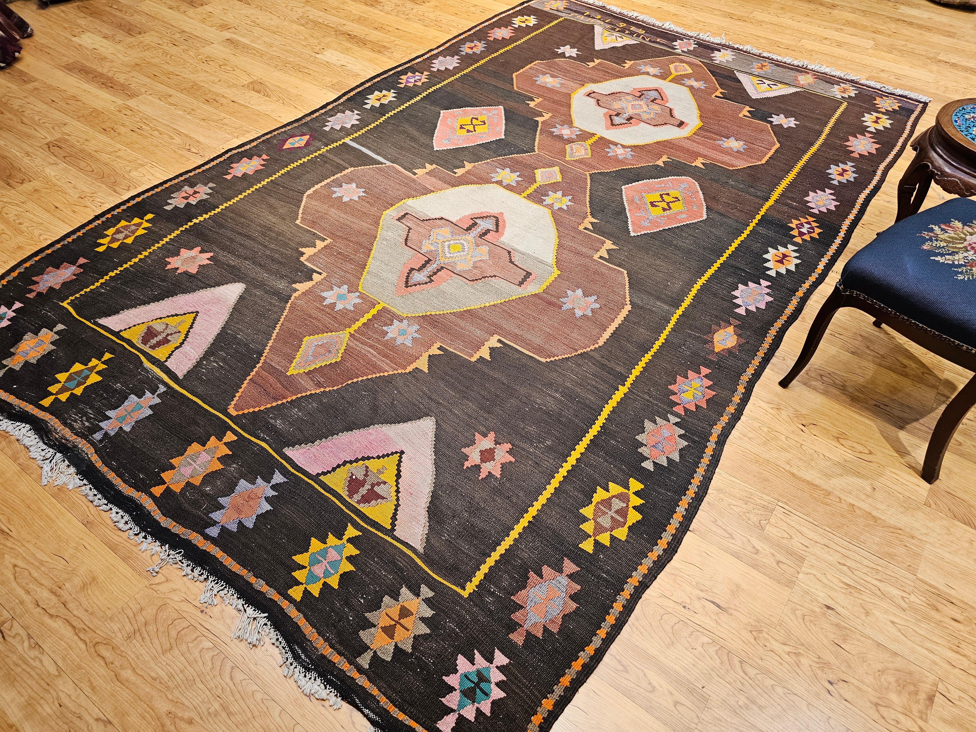 Vintage Room Size Turkish Kilim Rug in Chocolate and Brown For Sale 10