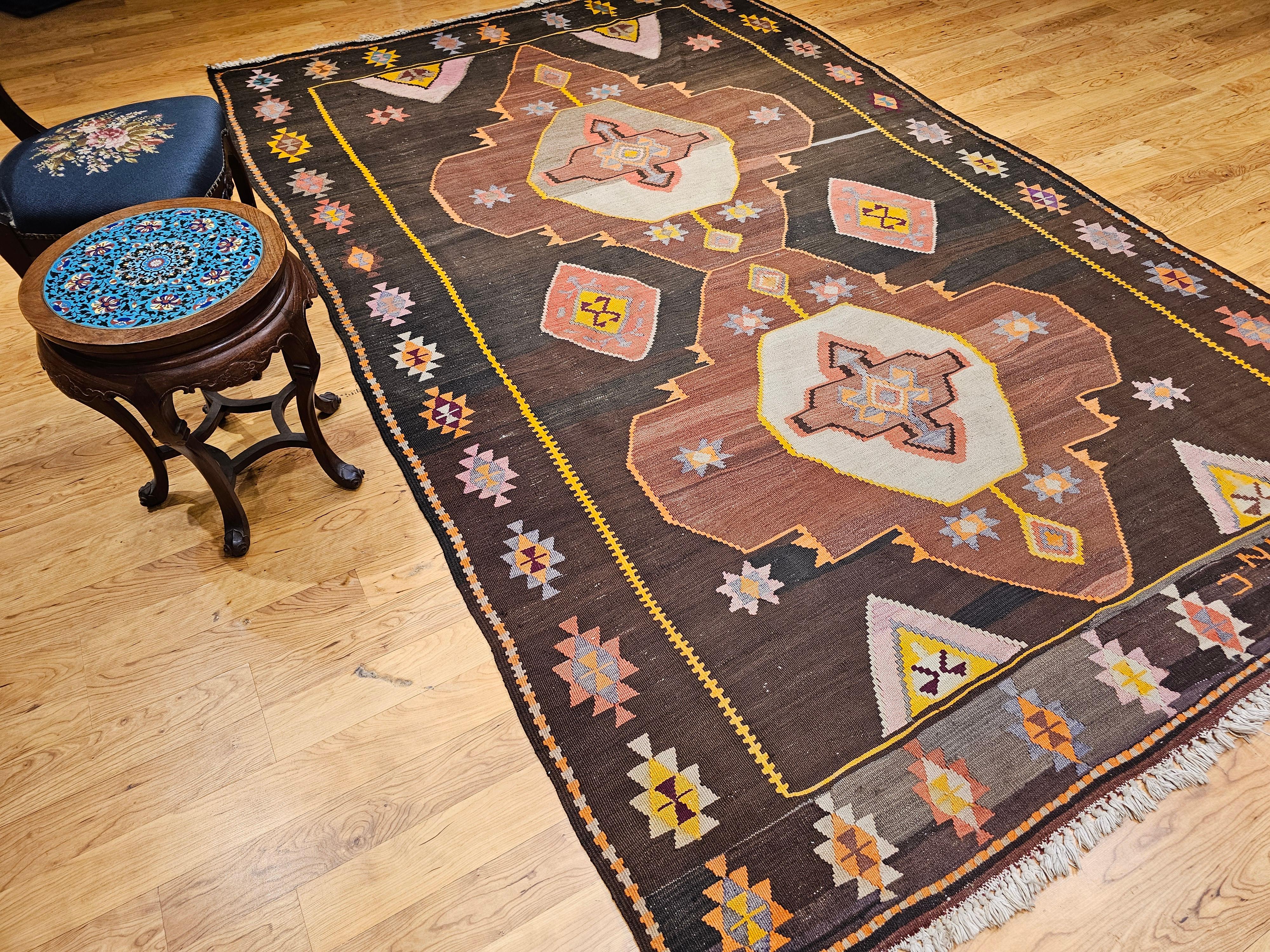 Vintage Room Size Turkish Kilim Rug in Chocolate and Brown For Sale 11
