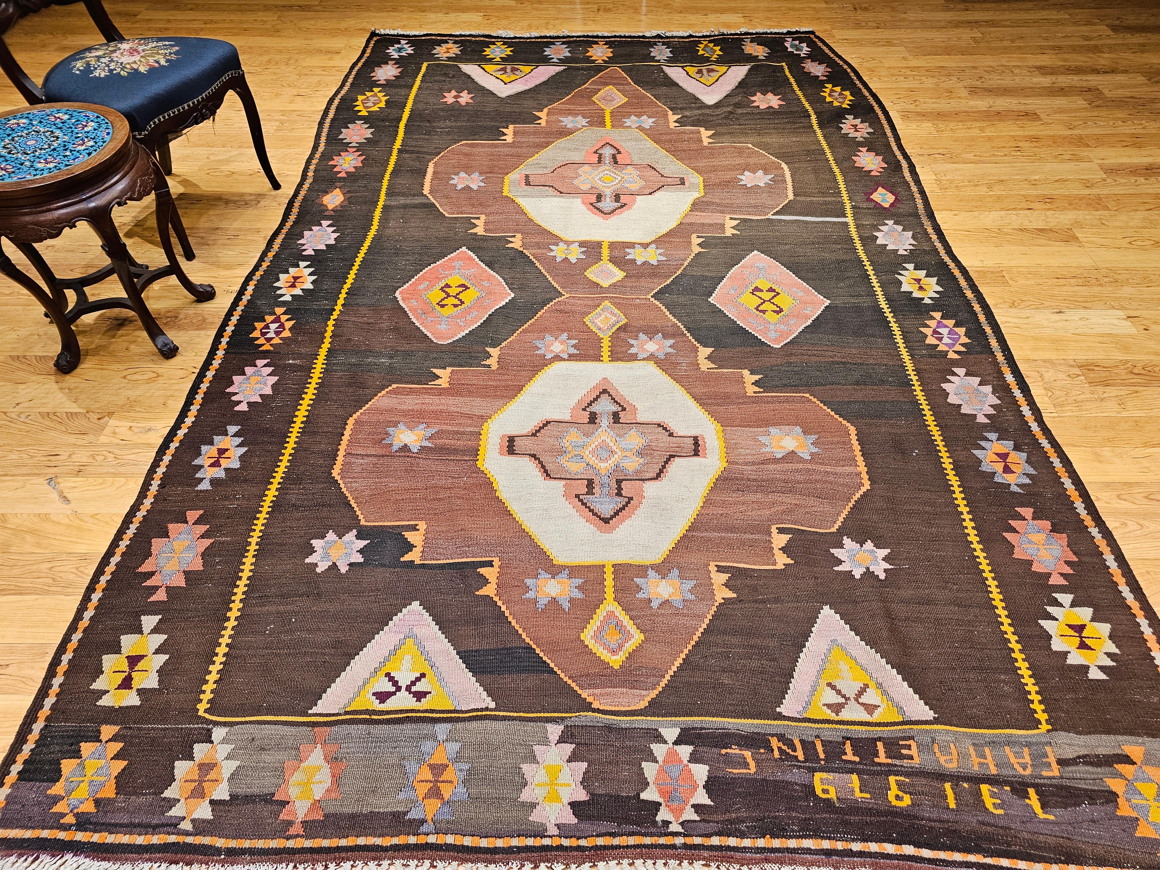 Vintage Room Size Turkish Kilim Rug in Chocolate and Brown For Sale 12
