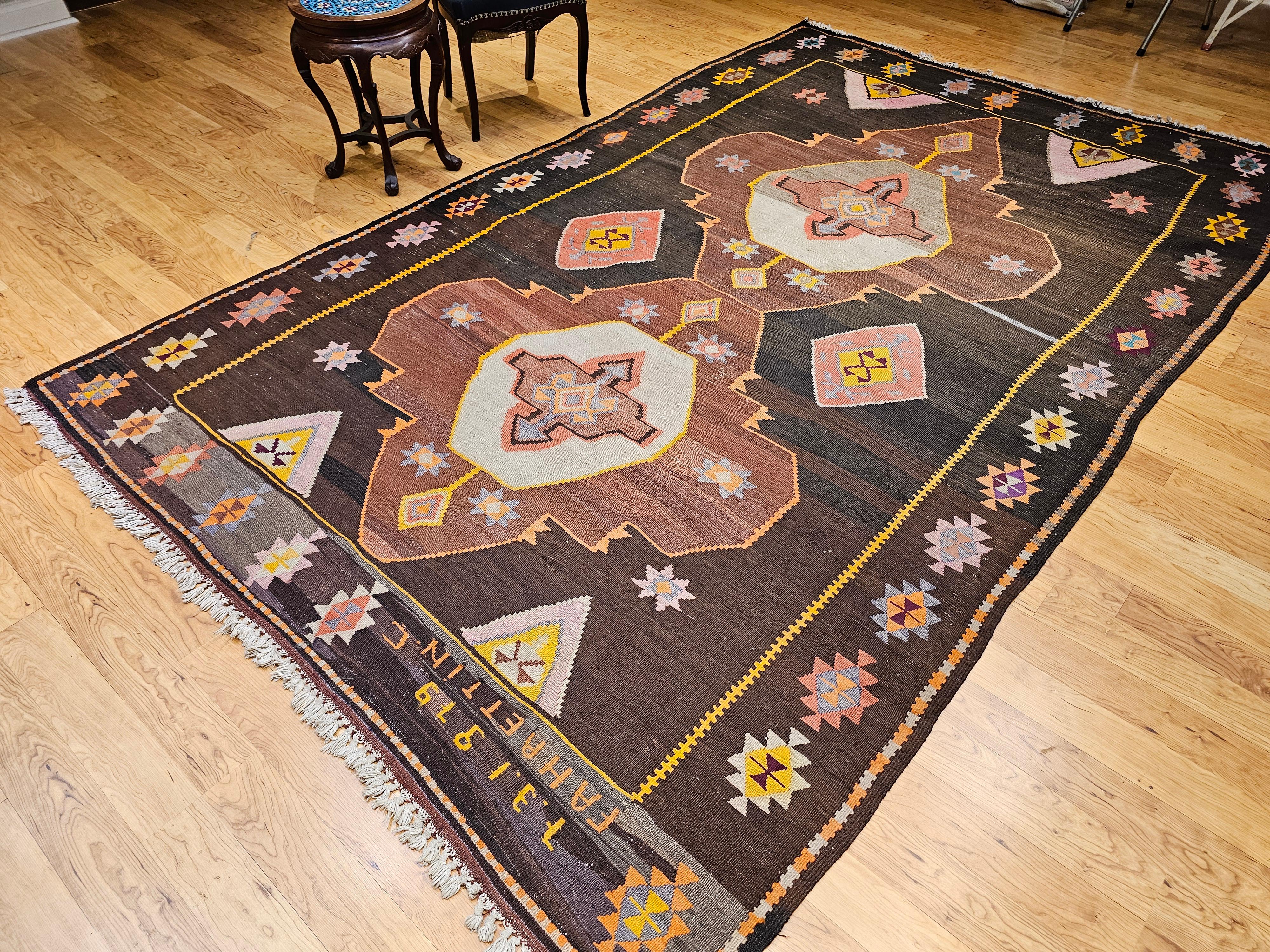 Vintage Room Size Turkish Kilim Rug in Chocolate and Brown For Sale 13