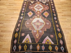 Vintage Turkish Kilim Rug, Handwoven Wool, Chocolate Brown, 1970s