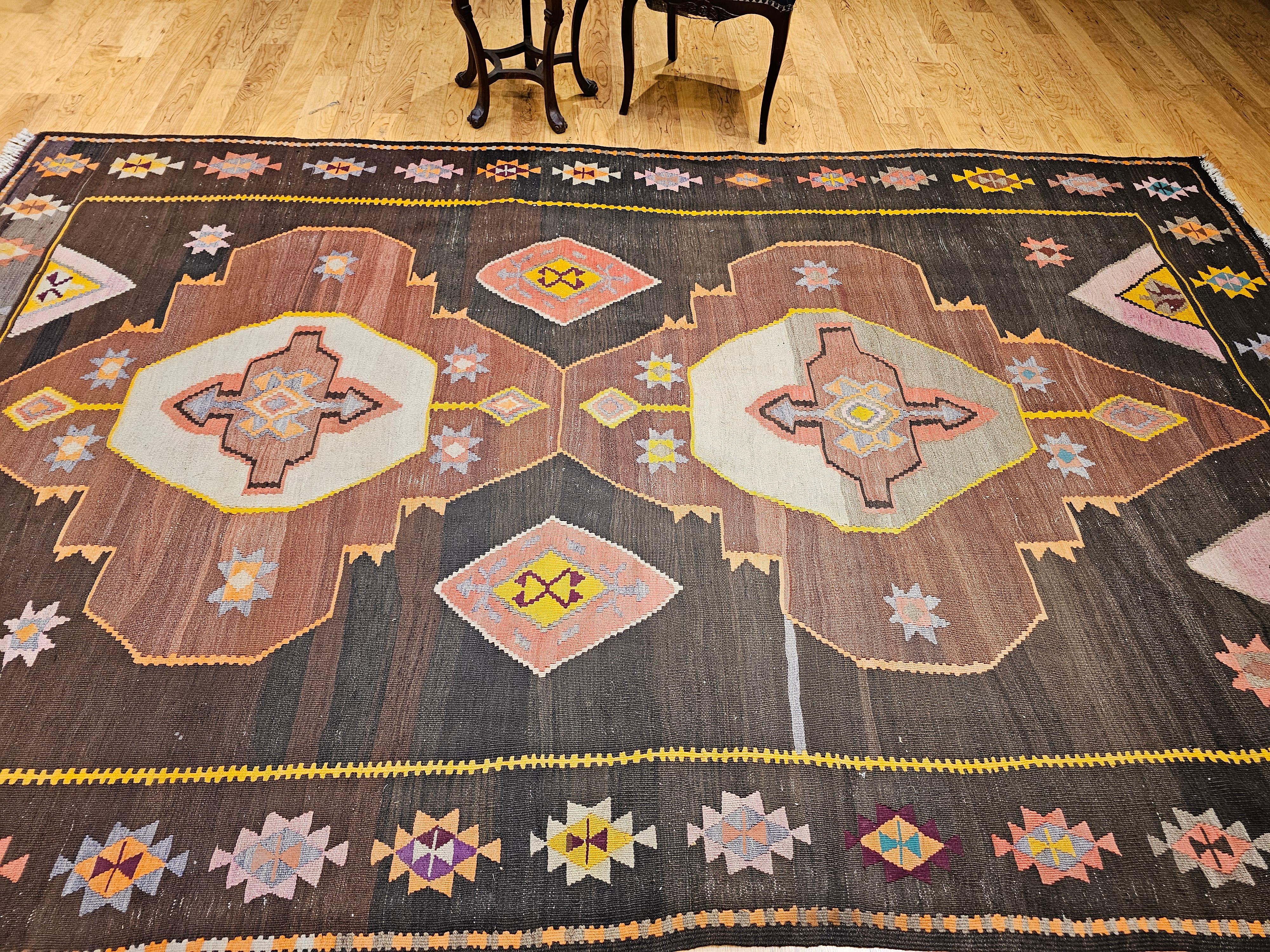 Vintage Room Size Turkish Kilim Rug in Chocolate and Brown For Sale 14