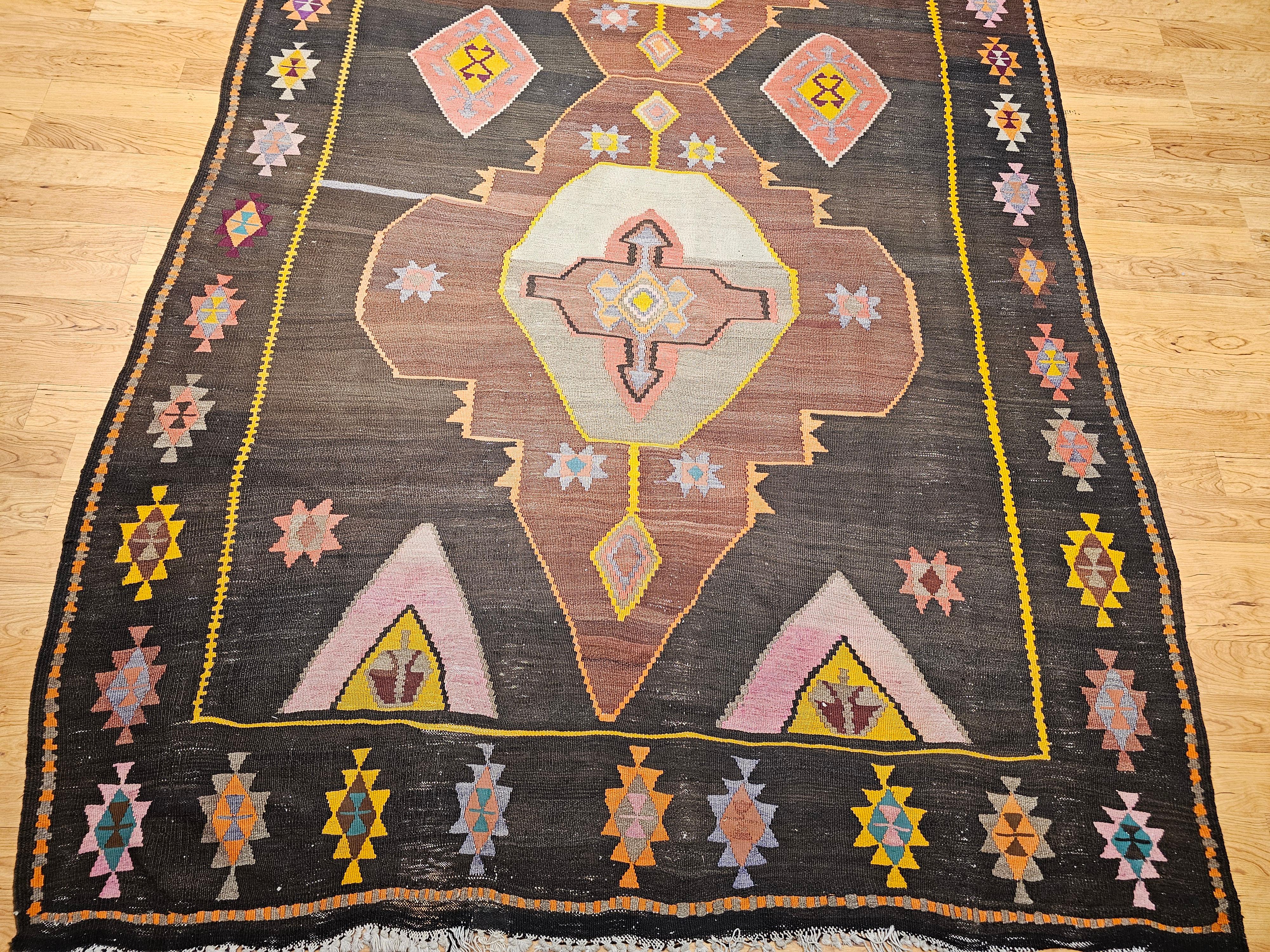 Vegetable Dyed Vintage Room Size Turkish Kilim Rug in Chocolate and Brown For Sale