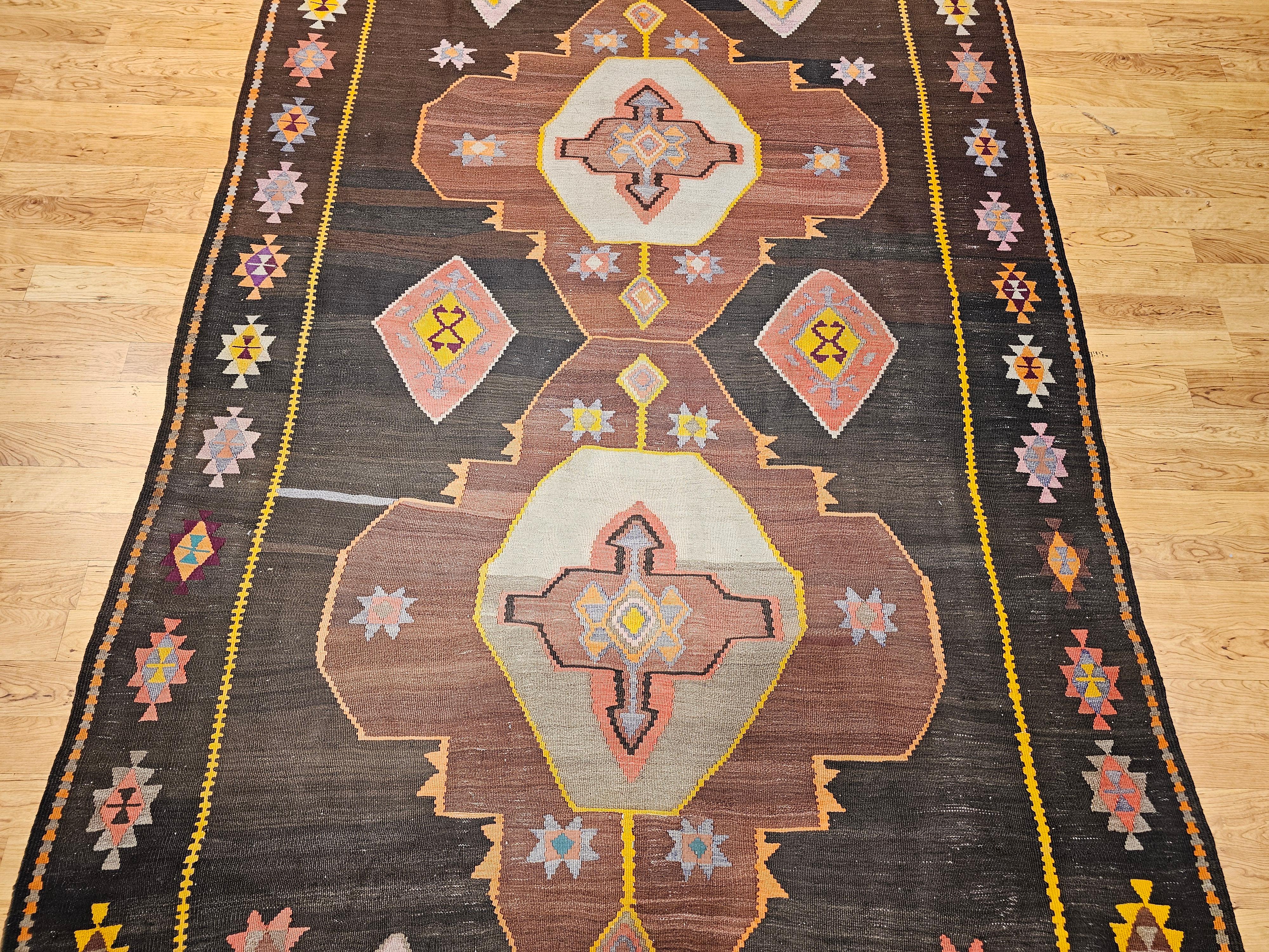 Vintage Room Size Turkish Kilim Rug in Chocolate and Brown In Good Condition For Sale In Barrington, IL