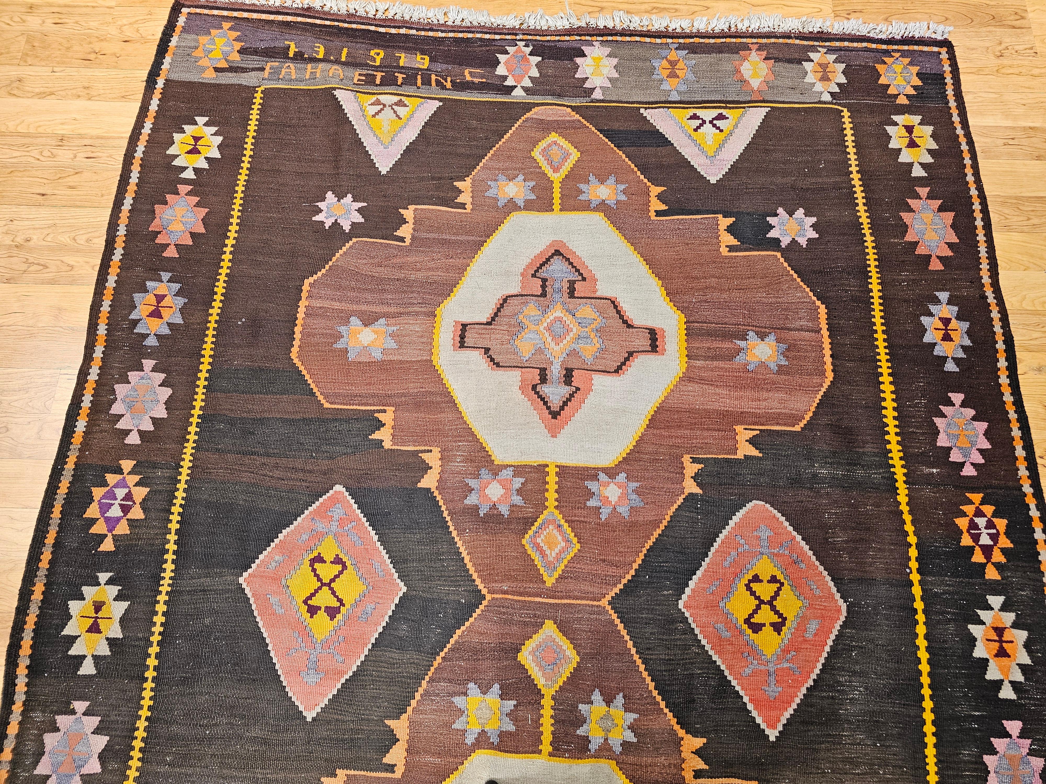 20th Century Vintage Room Size Turkish Kilim Rug in Chocolate and Brown For Sale
