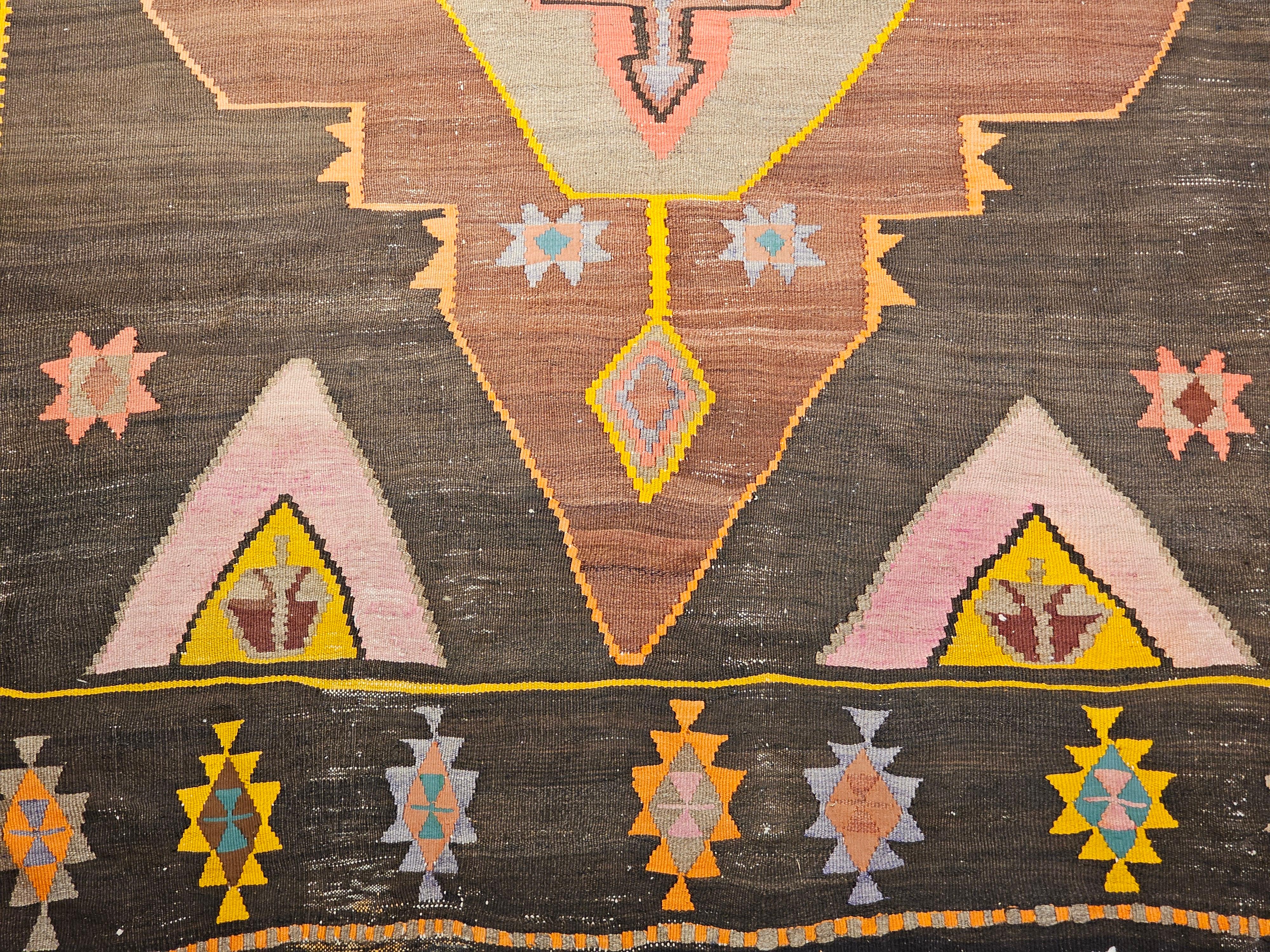 Wool Vintage Room Size Turkish Kilim Rug in Chocolate and Brown For Sale