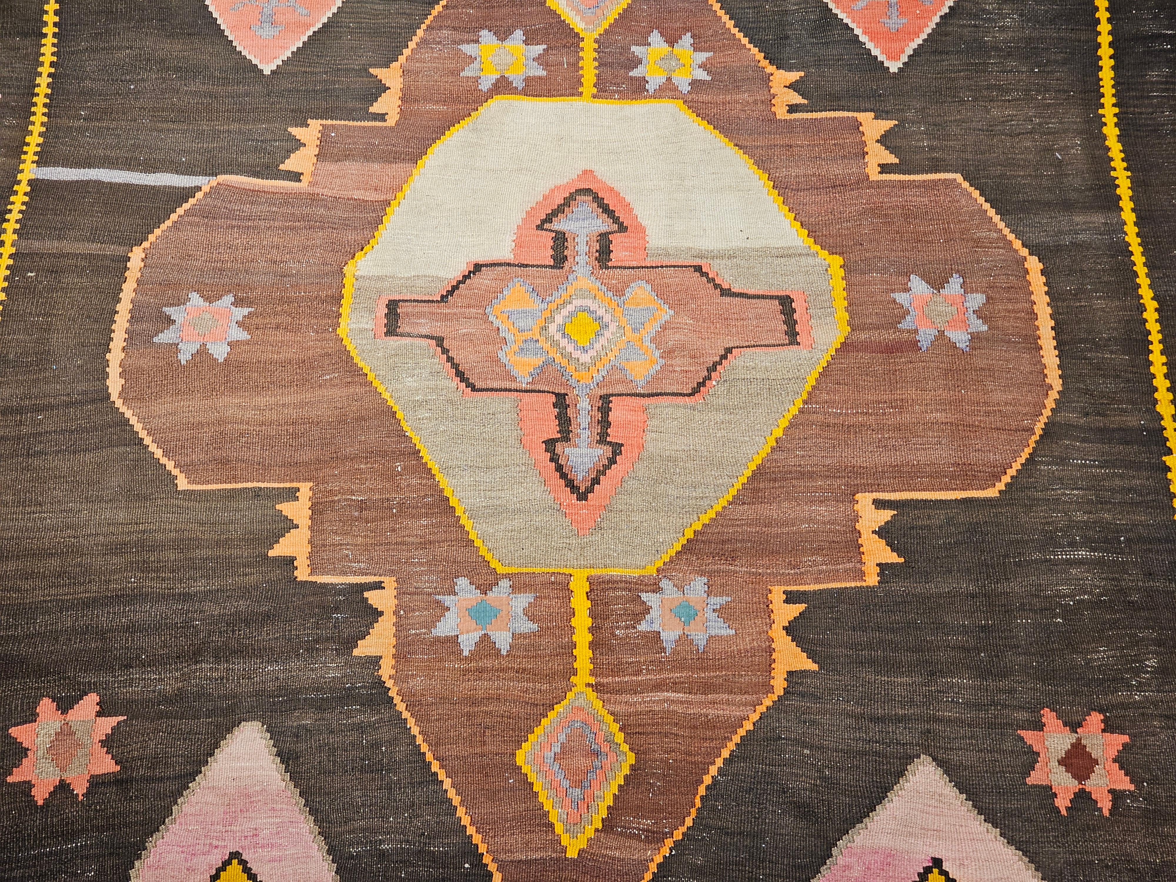 Vintage Room Size Turkish Kilim Rug in Chocolate and Brown For Sale 1