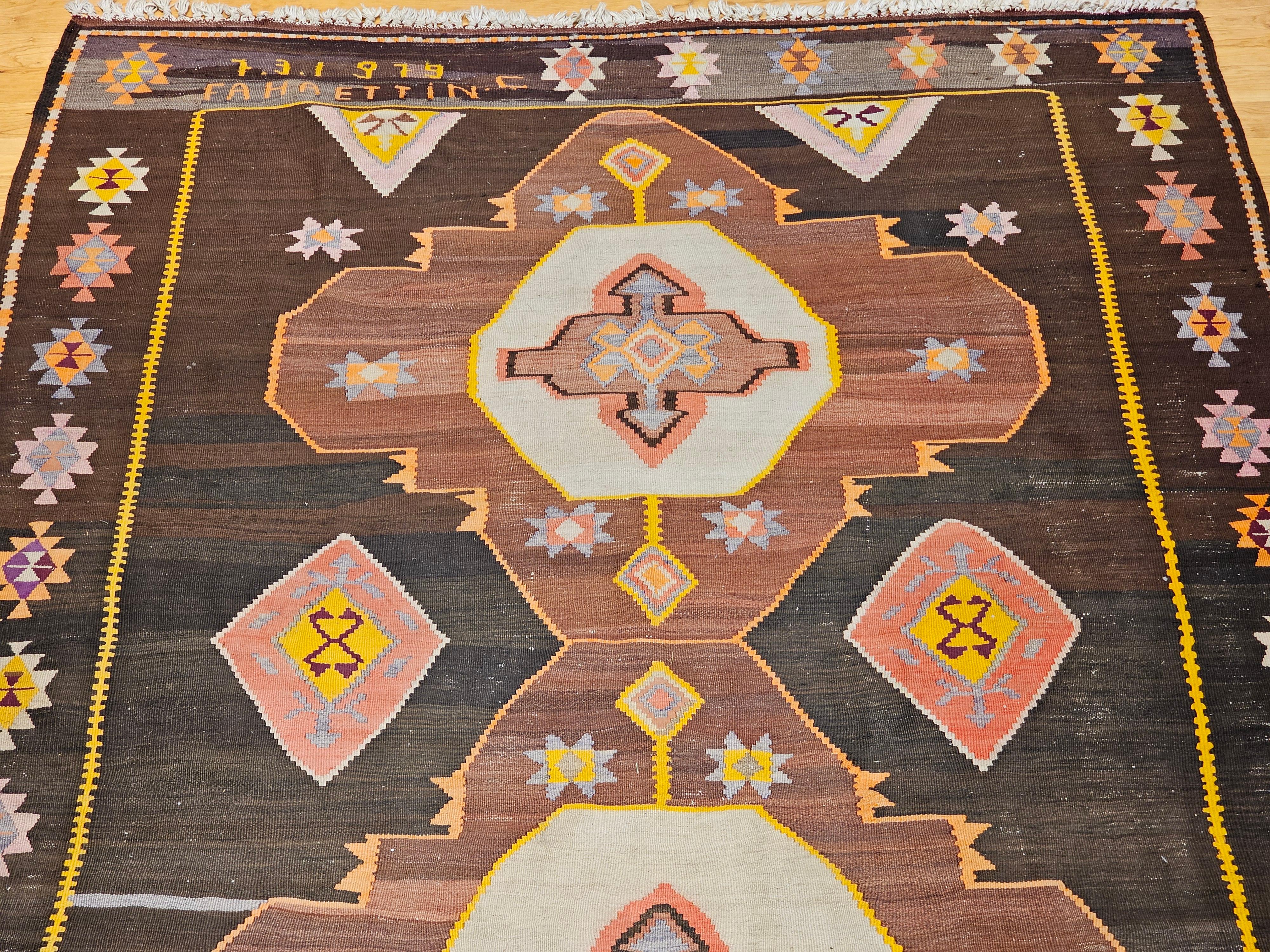 Vintage Room Size Turkish Kilim Rug in Chocolate and Brown For Sale 2