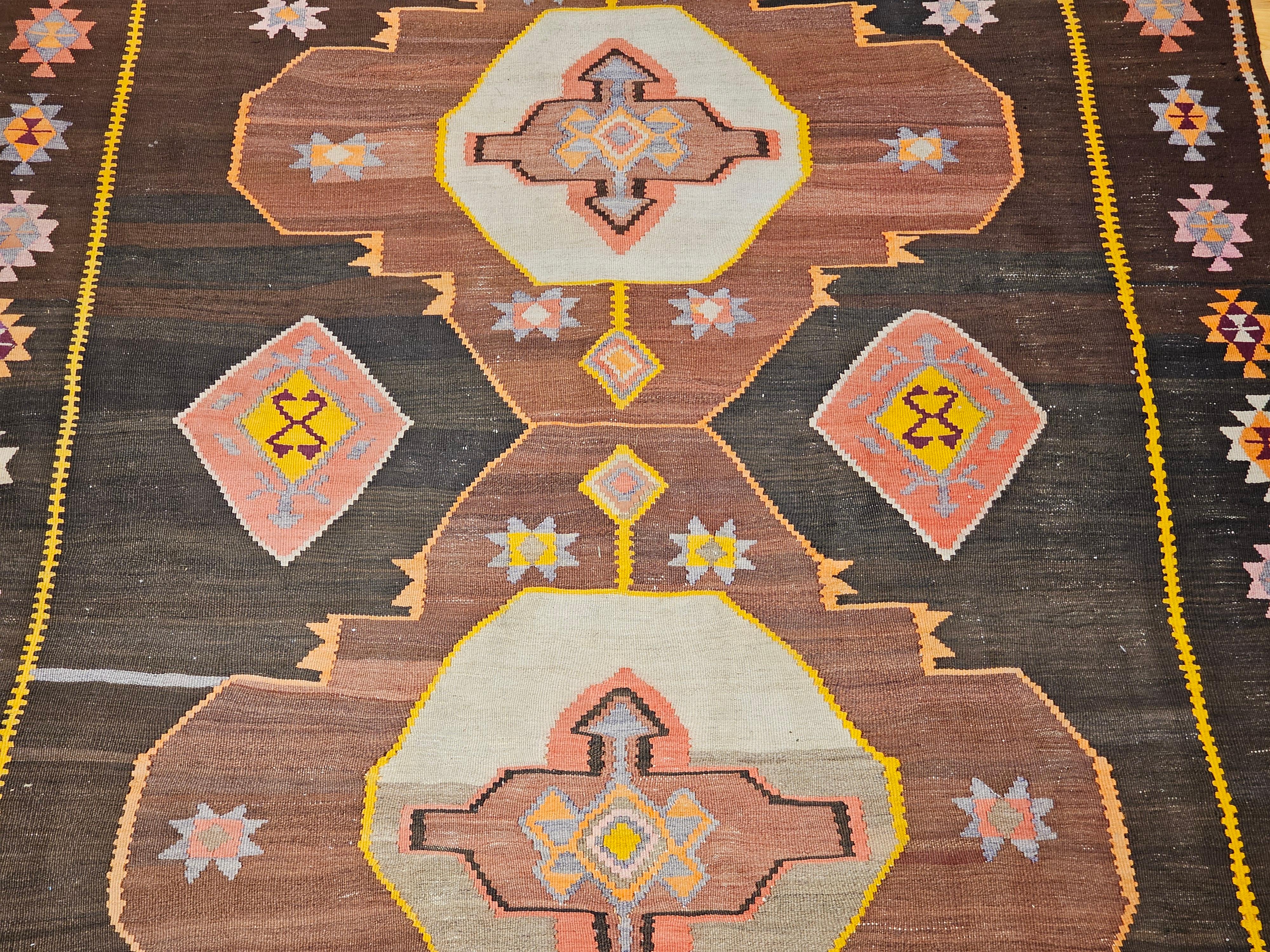 Vintage Room Size Turkish Kilim Rug in Chocolate and Brown For Sale 3