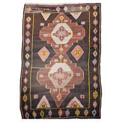 Vintage Room Size Turkish Kilim Rug in Chocolate and Brown