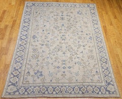 Vintage Turkish Oushak Room Size Rug, Hand-Knotted Wool, Ivory, Blue, 8' x 10'