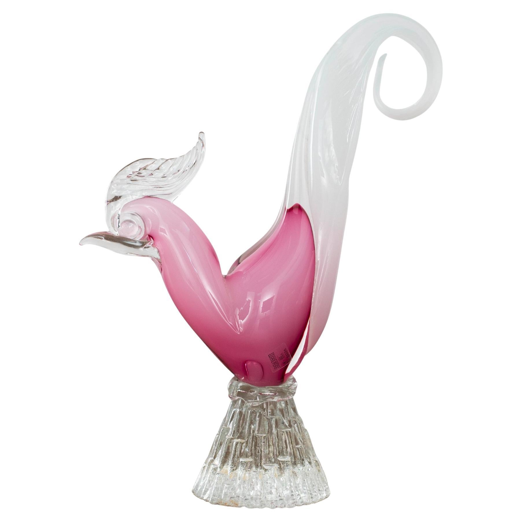 Vintage Rooster Sculpture silk pink Murano glass collectable Formia Murano Italy