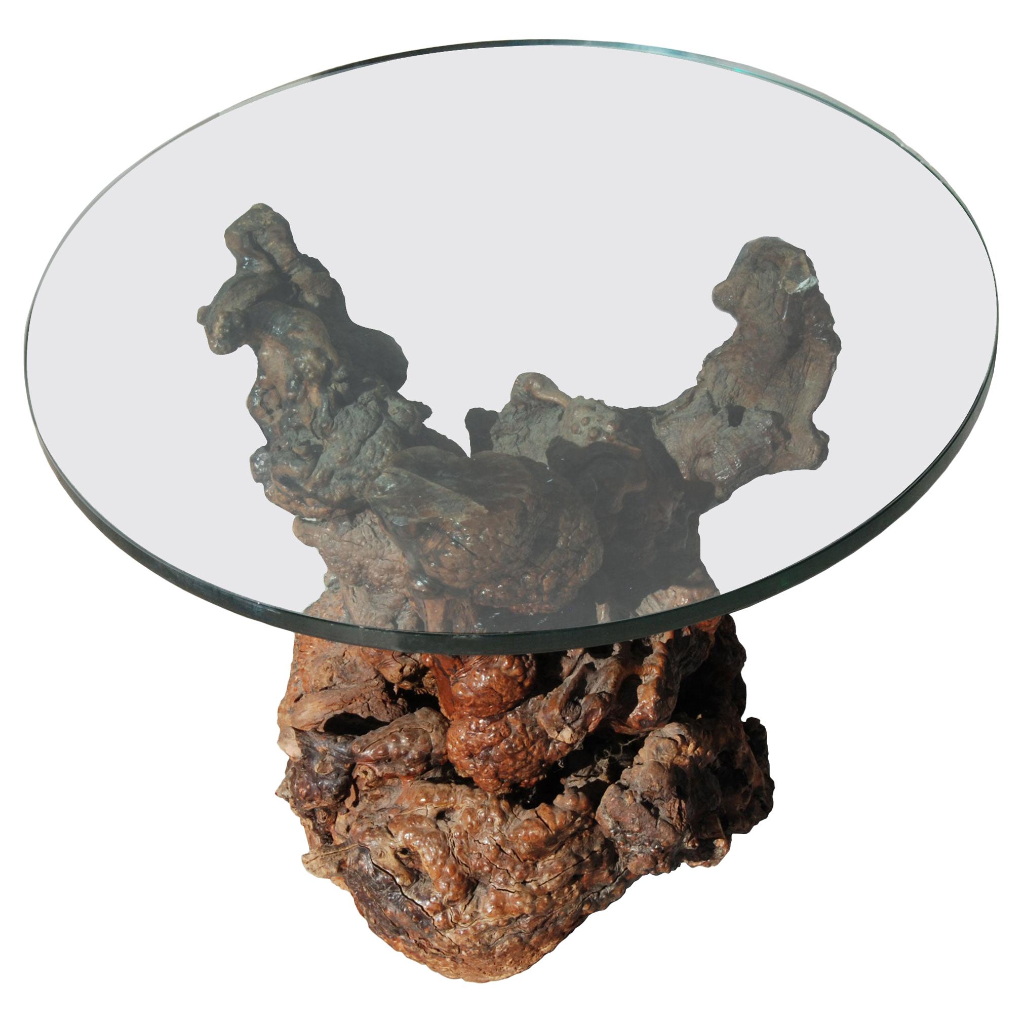 Table d'appoint en racine vintage avec plateau en verre