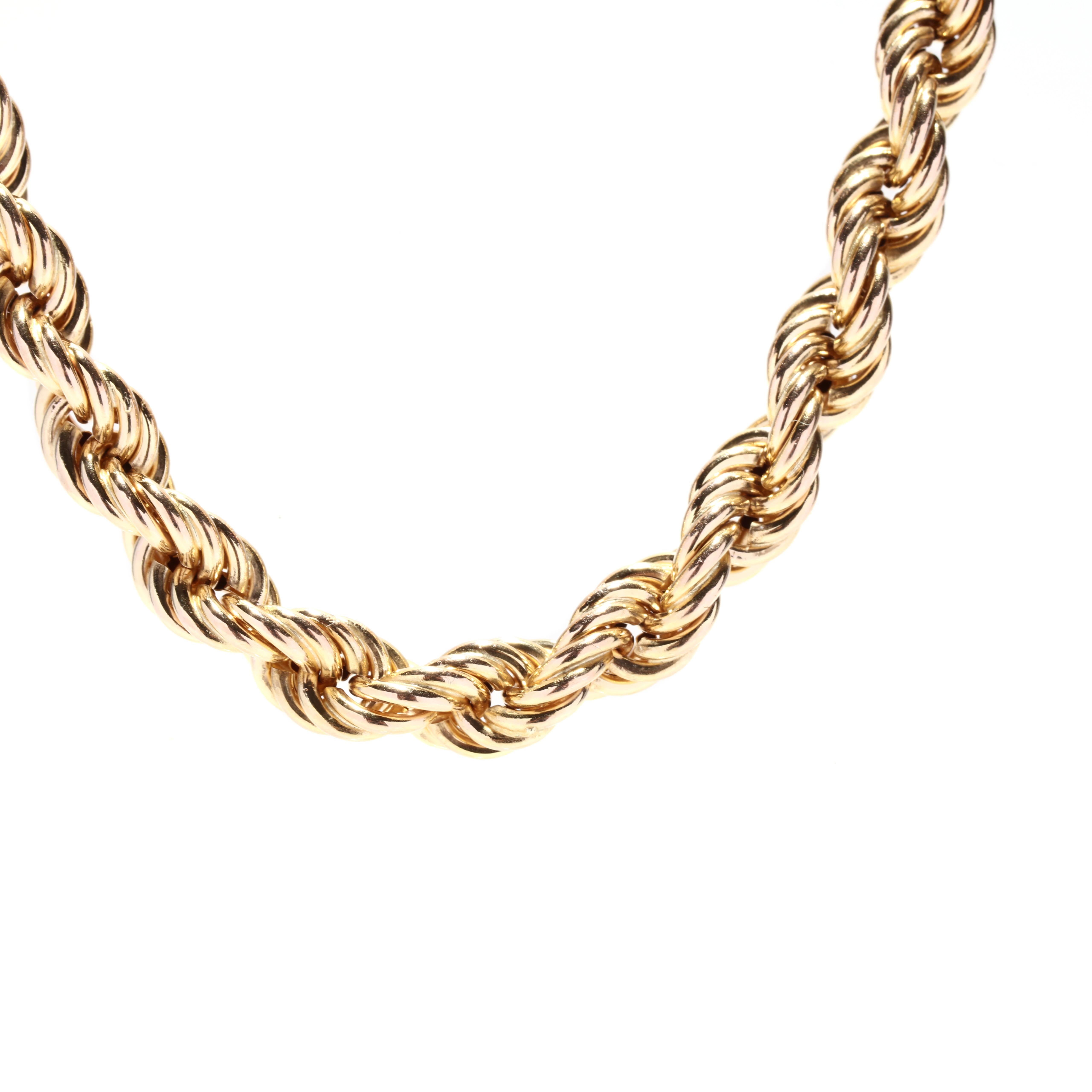 A vintage 14 karat yellow gold thick rope chain. This chain features a twist rope design with a lobster clasp. Great for layering with other necklaces!

Length: 20 in.

Width: 6.35 mm

Weight: 14.8 dwts.



Ring Sizings & Modifications:
* We are