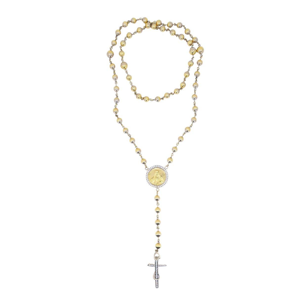 Brilliant Cut Vintage Rosary 18k Two Tone Gold Diamond Necklace For Sale
