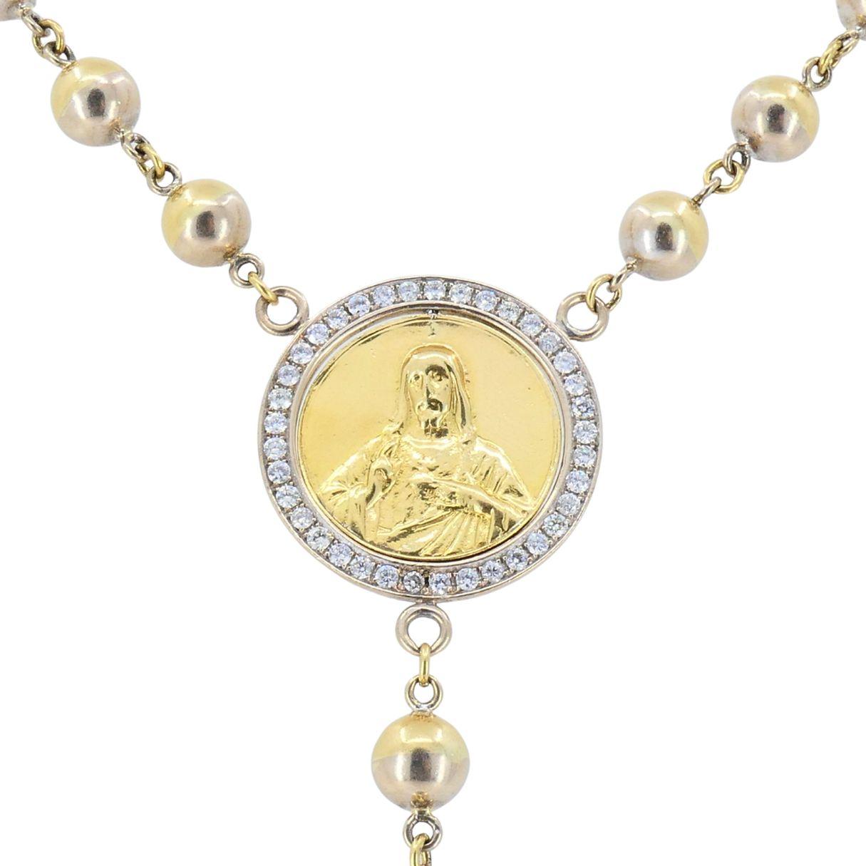 Vintage Rosary 18k Two Tone Gold Diamond Necklace In Good Condition For Sale In Beverly Hills, CA